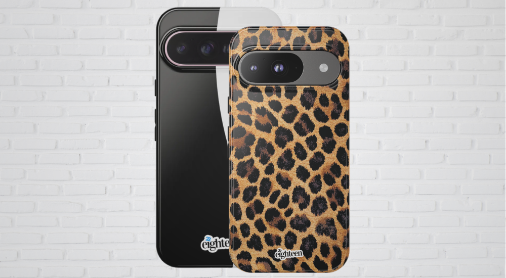 2 Google Pixel 9 Phone cases, 1- black and white yin and yang designed case and 1-tan and brown leopard print skin case, set against a white brick wall background