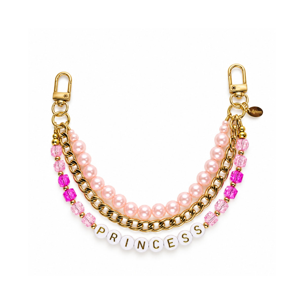 A double-strand charm bracelet featuring light pink faux pearls, gold-tone chain links, bright pink faceted crystal beads, and white letter beads spelling 'PRINCESS' on a white background & Gold letters