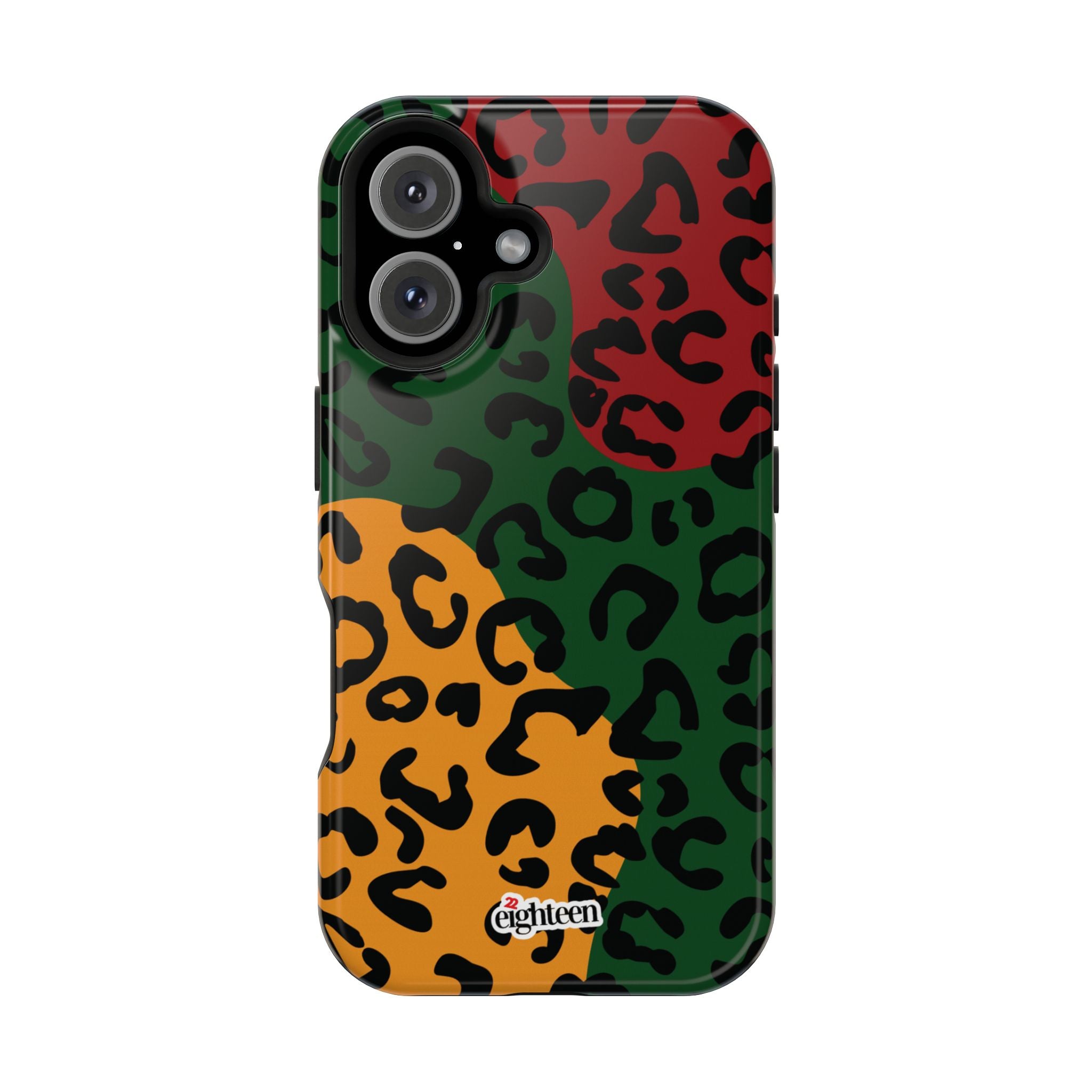 Phone case with multicolored leopard print design on a white background