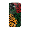 Phone case with multicolored leopard print pattern on a white background
