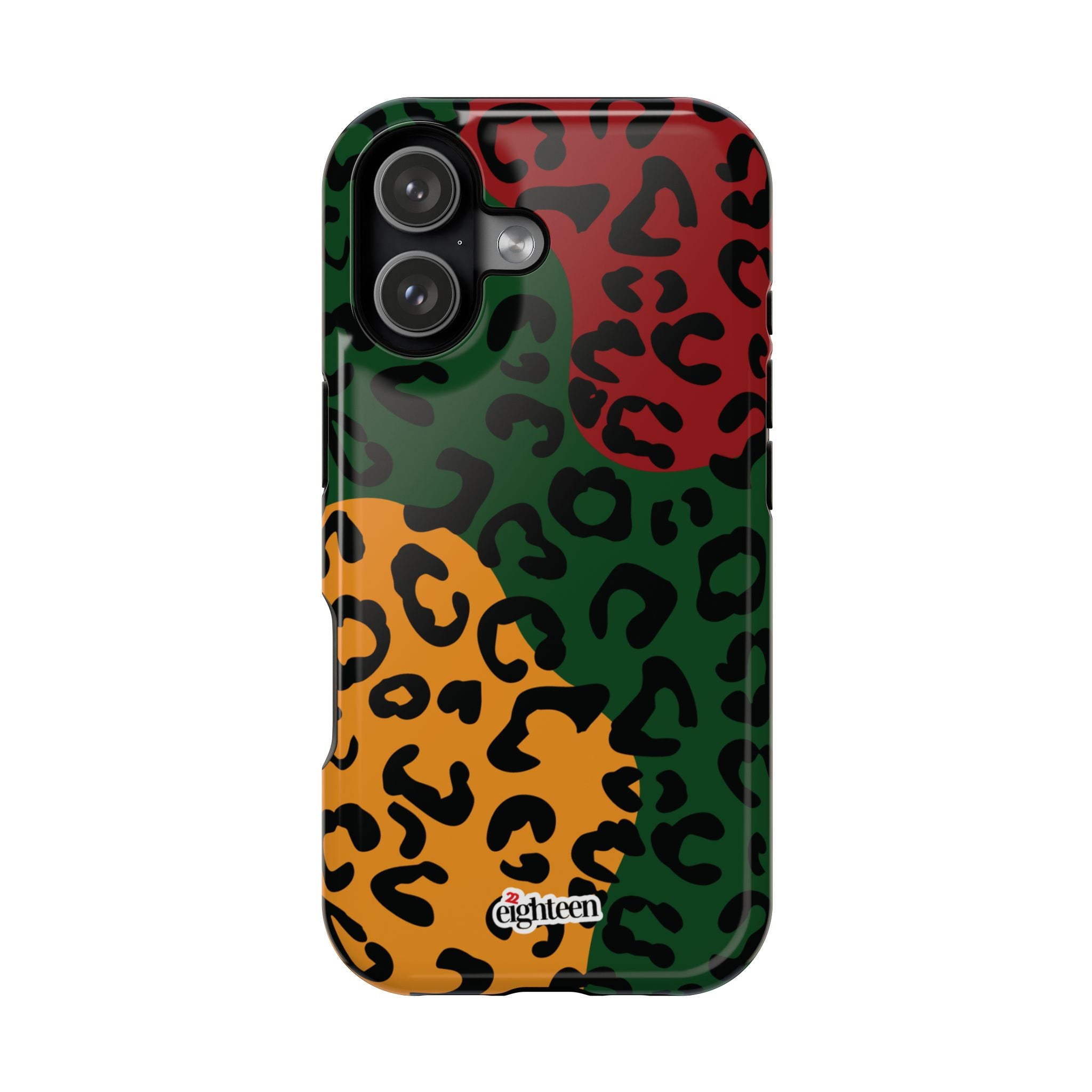 Phone case with multicolored leopard print pattern on a white background