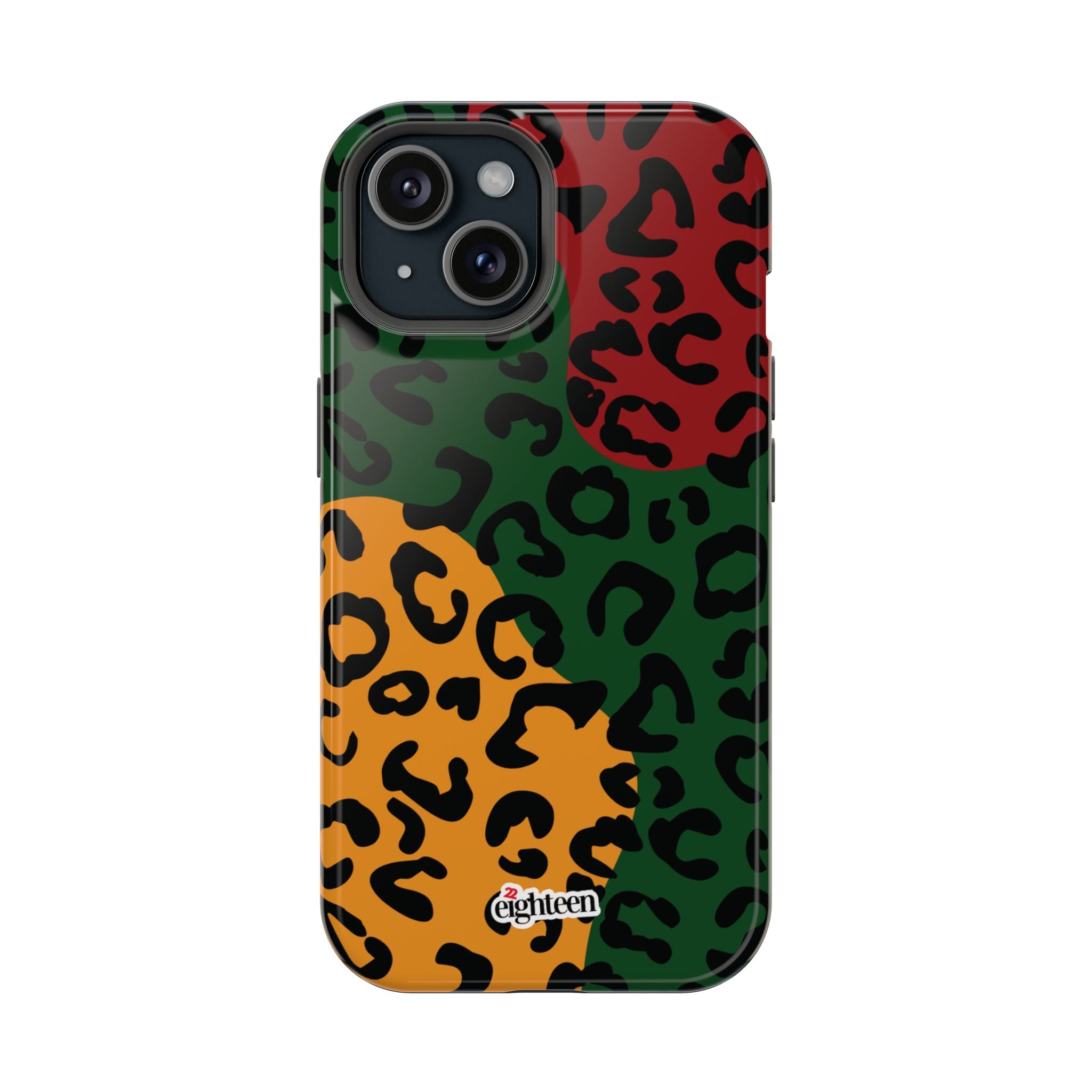 Phone case with multicolored leopard print pattern on a white background