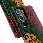 Close up of both sides of a green, red & yellow leopard print phone case. Details of the buttons and camera lens depth are shown
