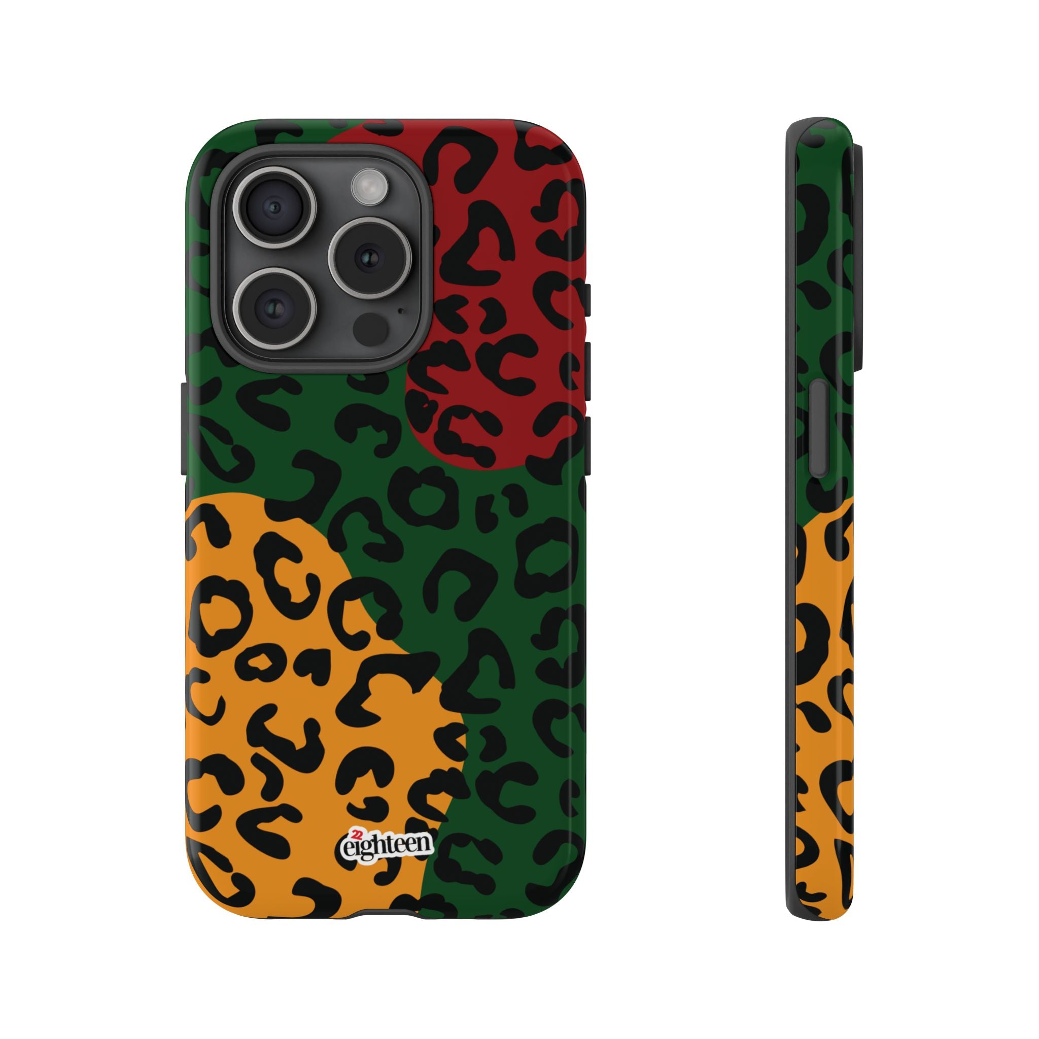 Phone case with multicolored leopard print design on a white background