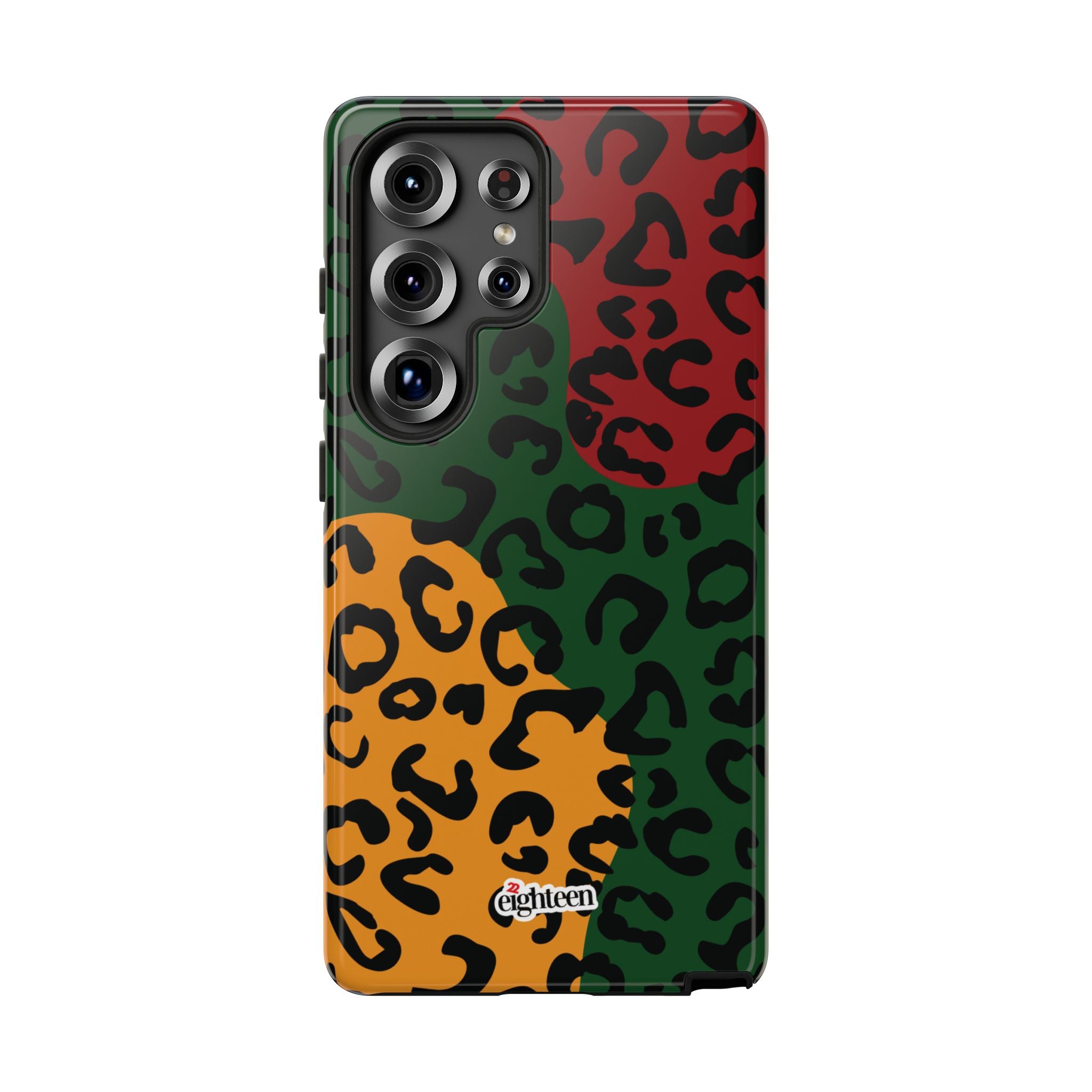 Phone case with a colorful leopard print pattern on a white background