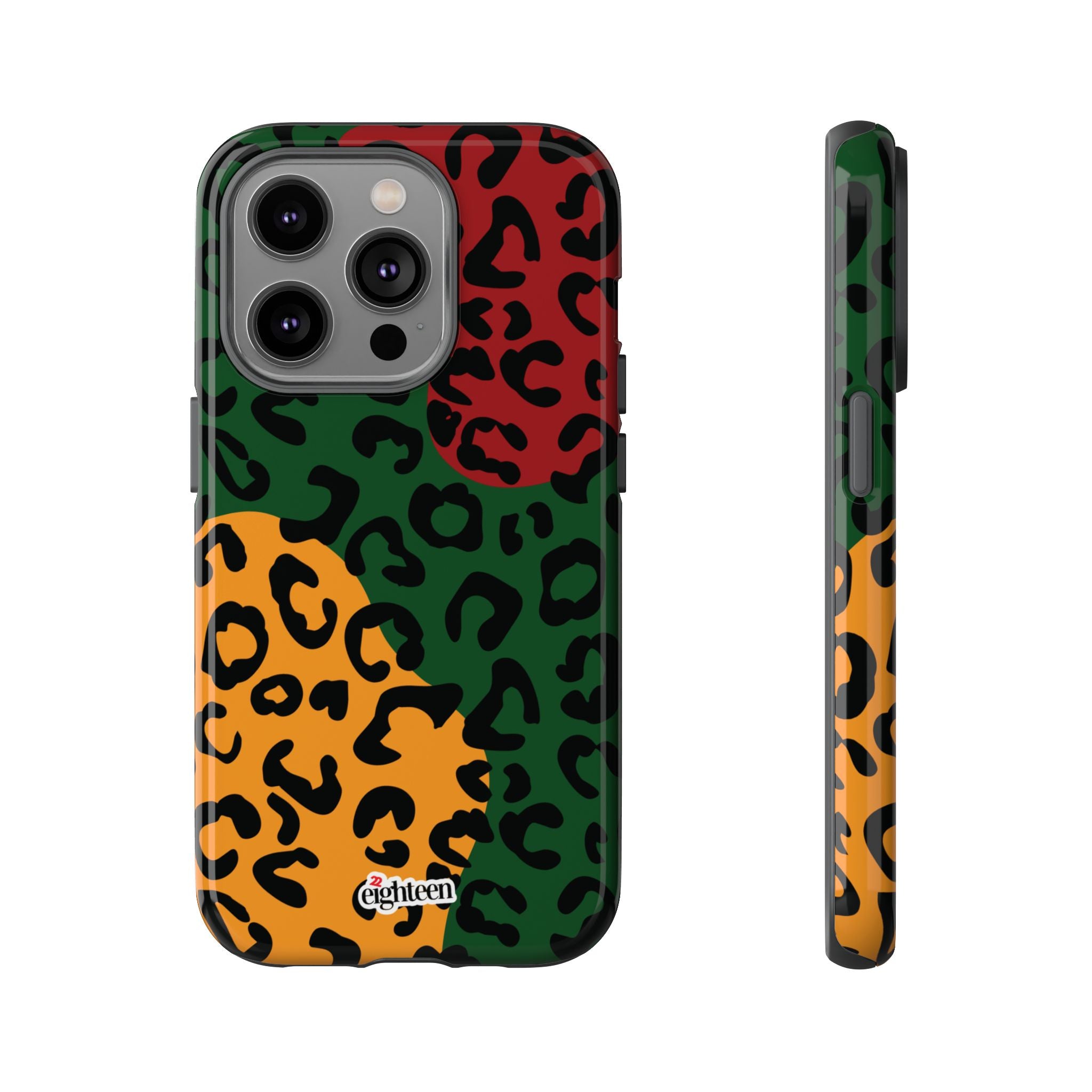 Phone case with multicolored leopard print pattern on a white background