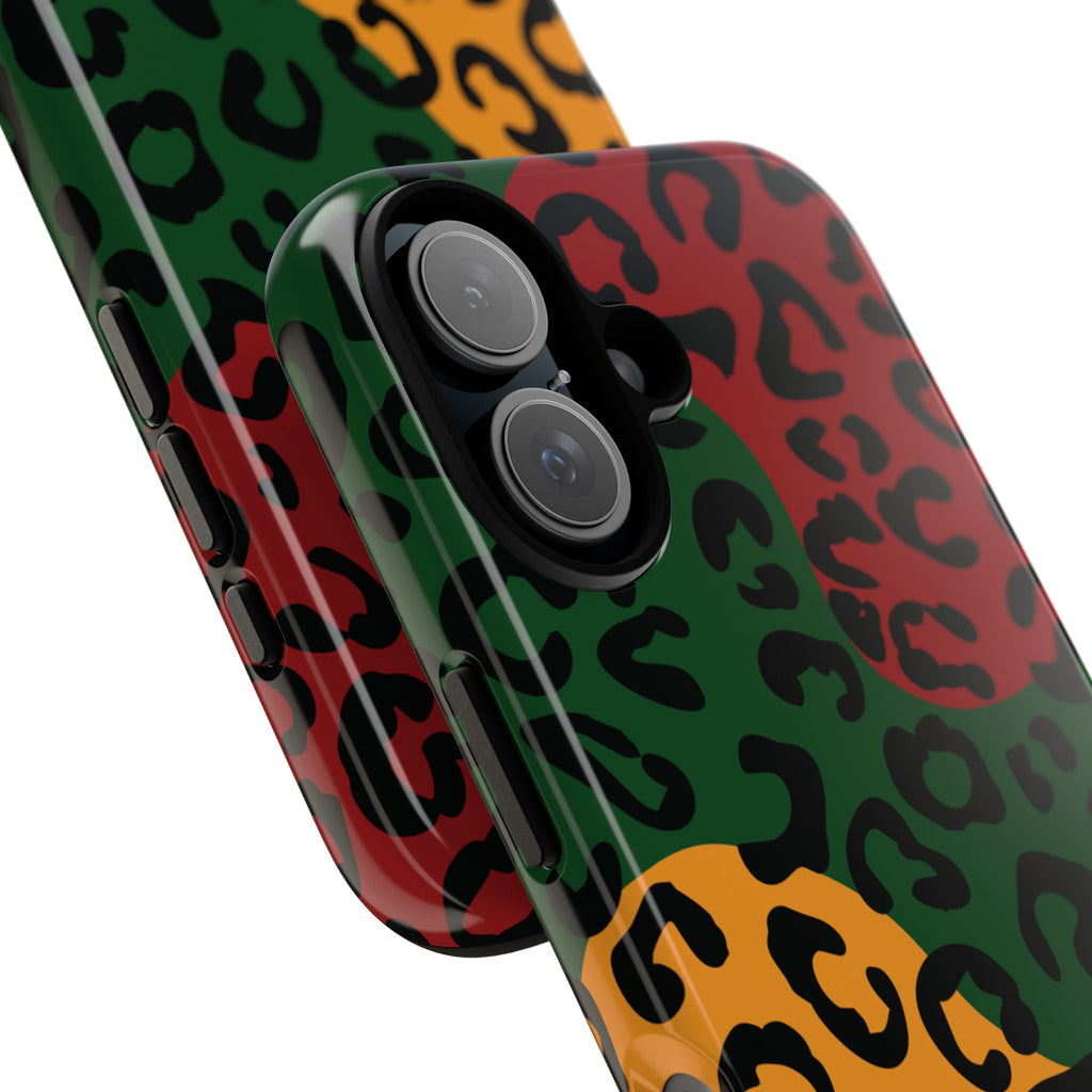 Phone case with colorful leopard print pattern on a white background