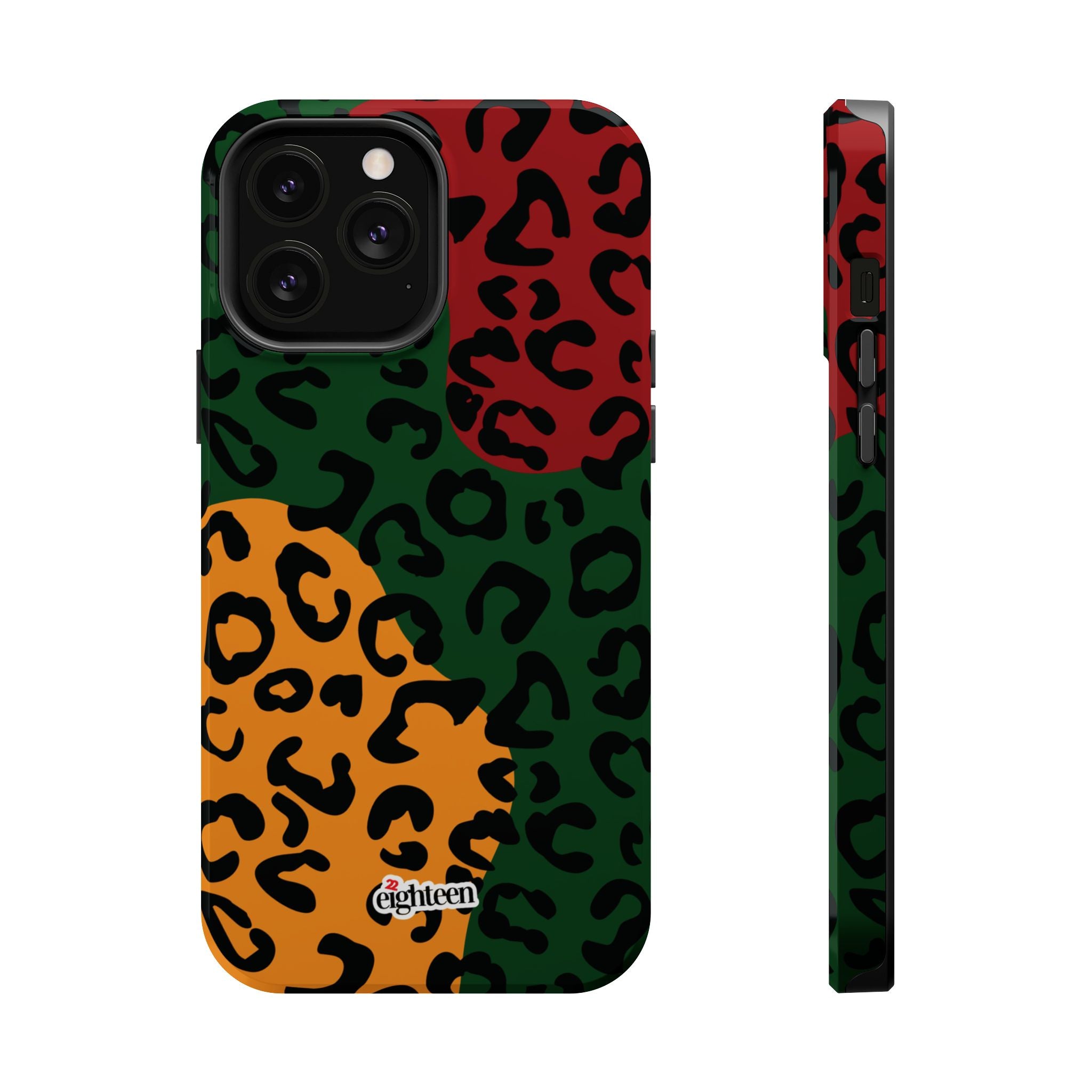 Phone case with multicolored leopard print pattern on a white background
