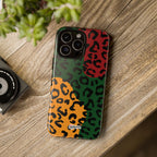 Phone case with multicolored leopard print pattern on a wooden surface