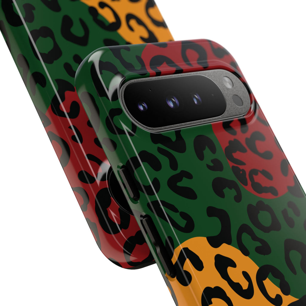 Phone case with colorful leopard print pattern on a white background
