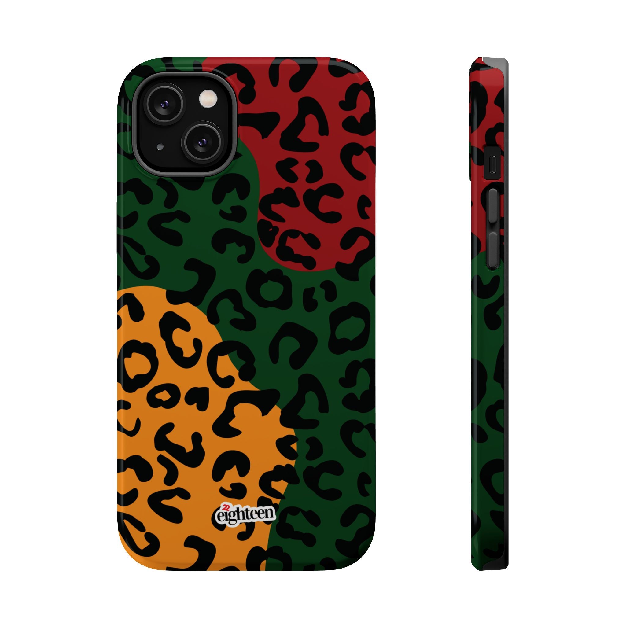 Phone case with colorful leopard print pattern on a white background