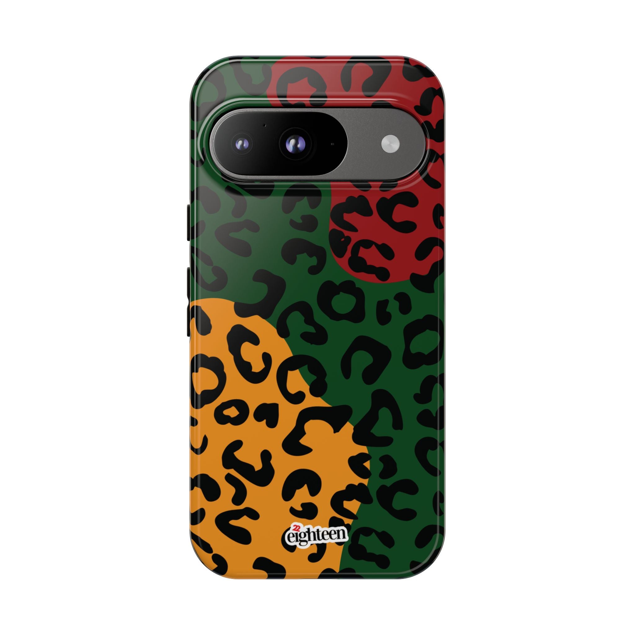 Phone case with a colorful leopard print pattern on a white background