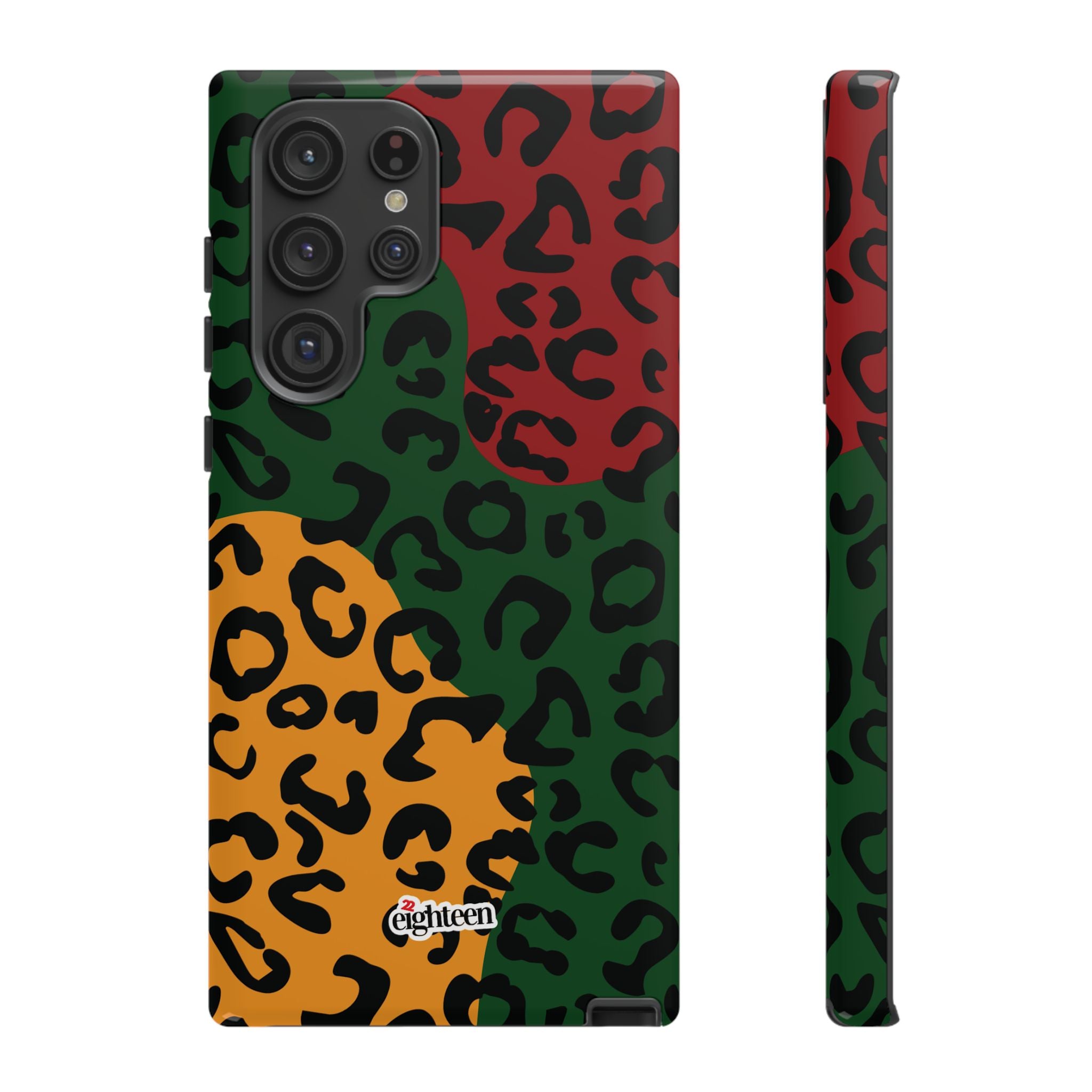 Phone case with multicolored leopard print pattern on a white background
