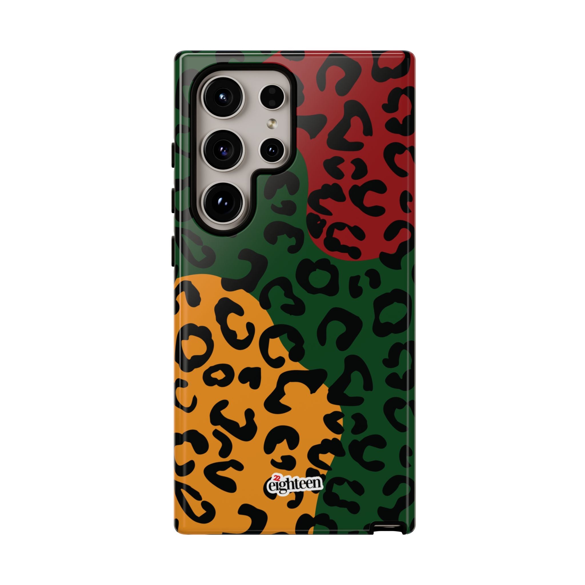 Phone case with a colorful leopard print pattern on a white background