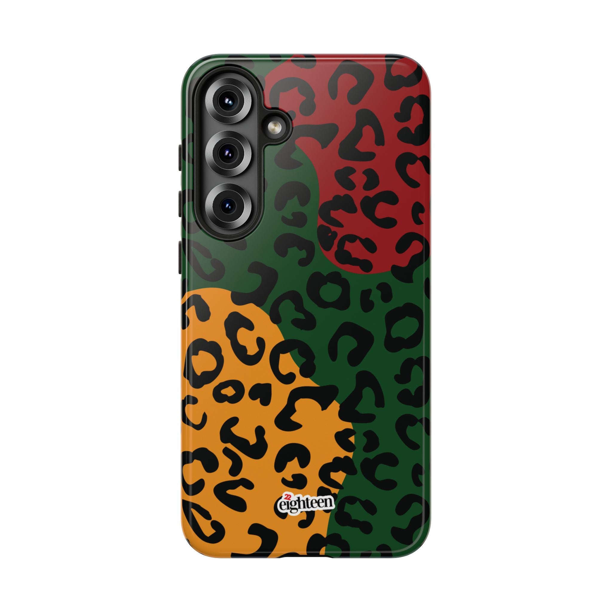 Phone case with multicolored leopard print pattern on a white background