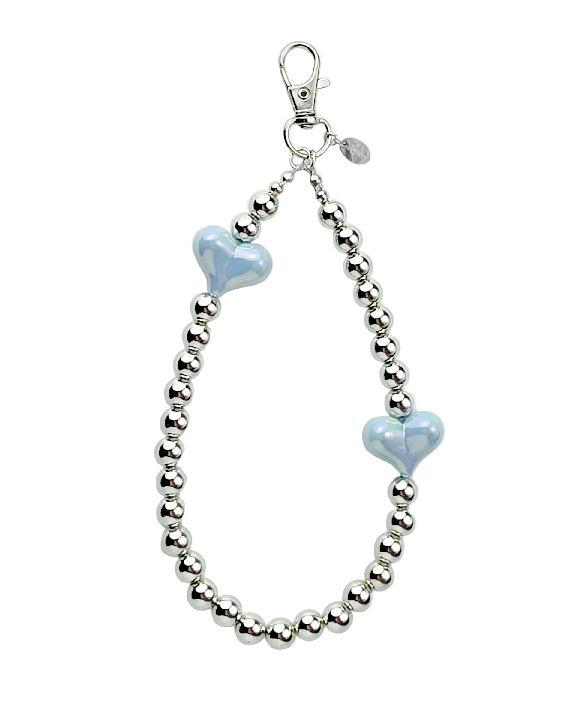A beaded phone strap or keychain featuring a silver-toned metal lobster clasp, a strand of small metallic beads, and two light blue heart-shaped beads on a plain white background.