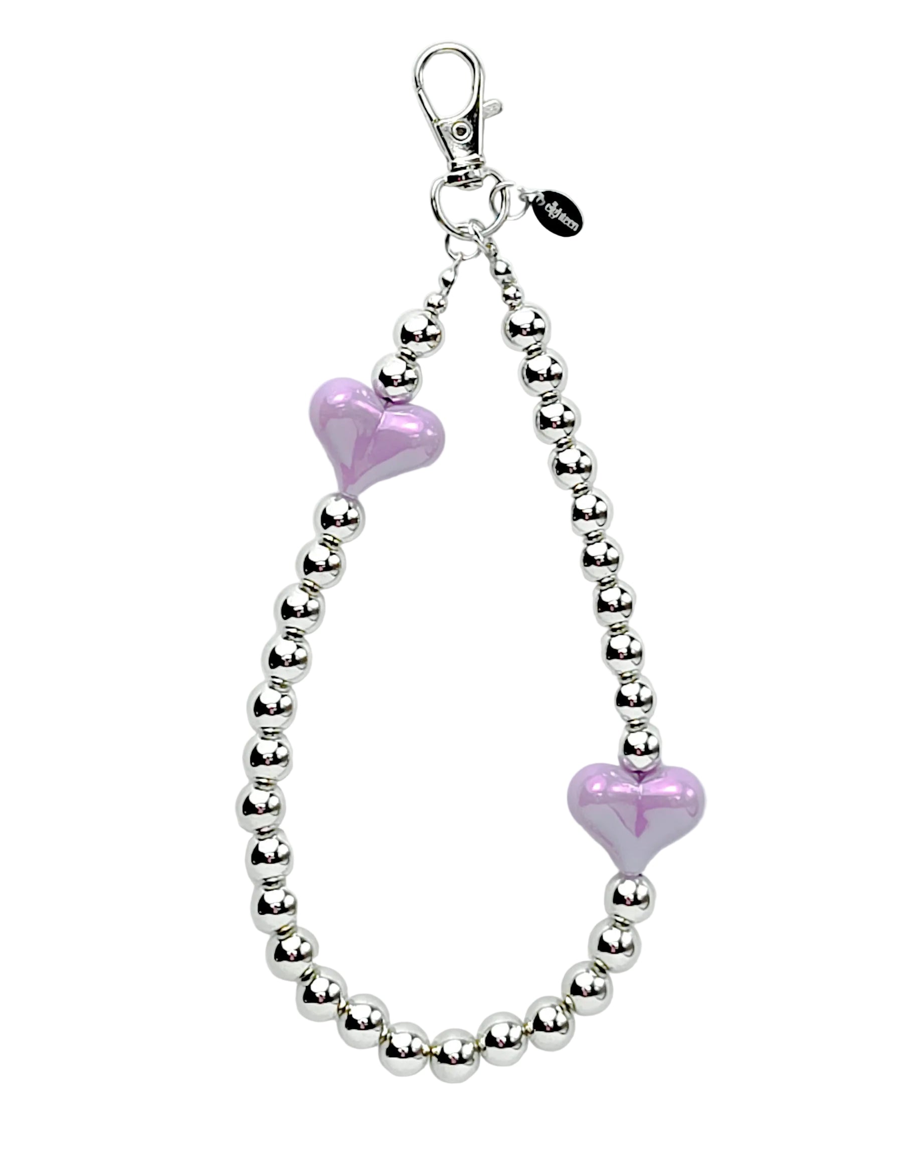 A silver beaded phone strap or keychain accessory with two glossy lavender purple heart charms, shown on a plain white background.