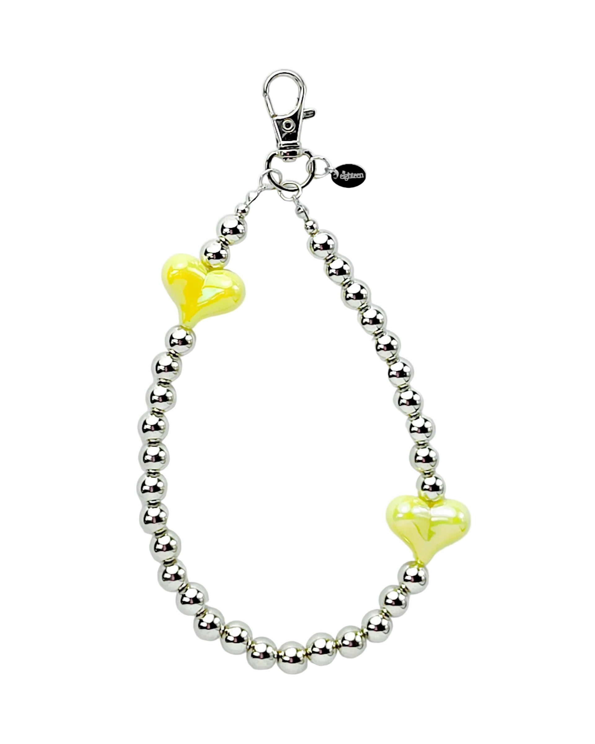 A silver beaded keychain or phone strap with two translucent yellow heart charms and a silver lobster clasp, shown on a plain light gray background.