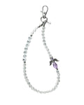 A beaded clear phone charm featuring a silver-toned lobster clasp, clear faceted beads spelling 'FOREVER', a small silver angel figure, and a purple crystal accent bead, shown on a light gray background.