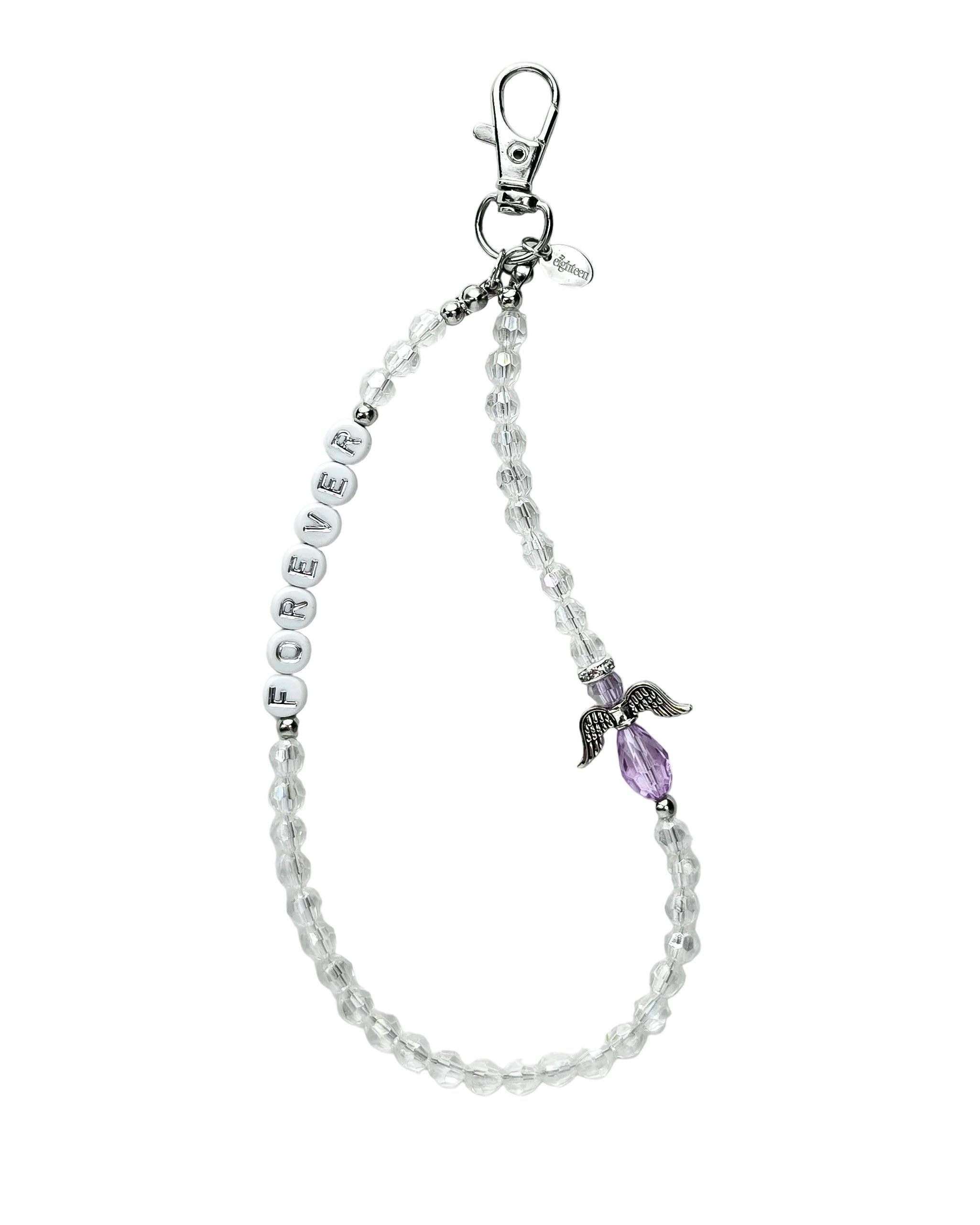 A beaded clear phone charm featuring a silver-toned lobster clasp, clear faceted beads spelling 'FOREVER', a small silver angel figure, and a purple crystal accent bead, shown on a light gray background.