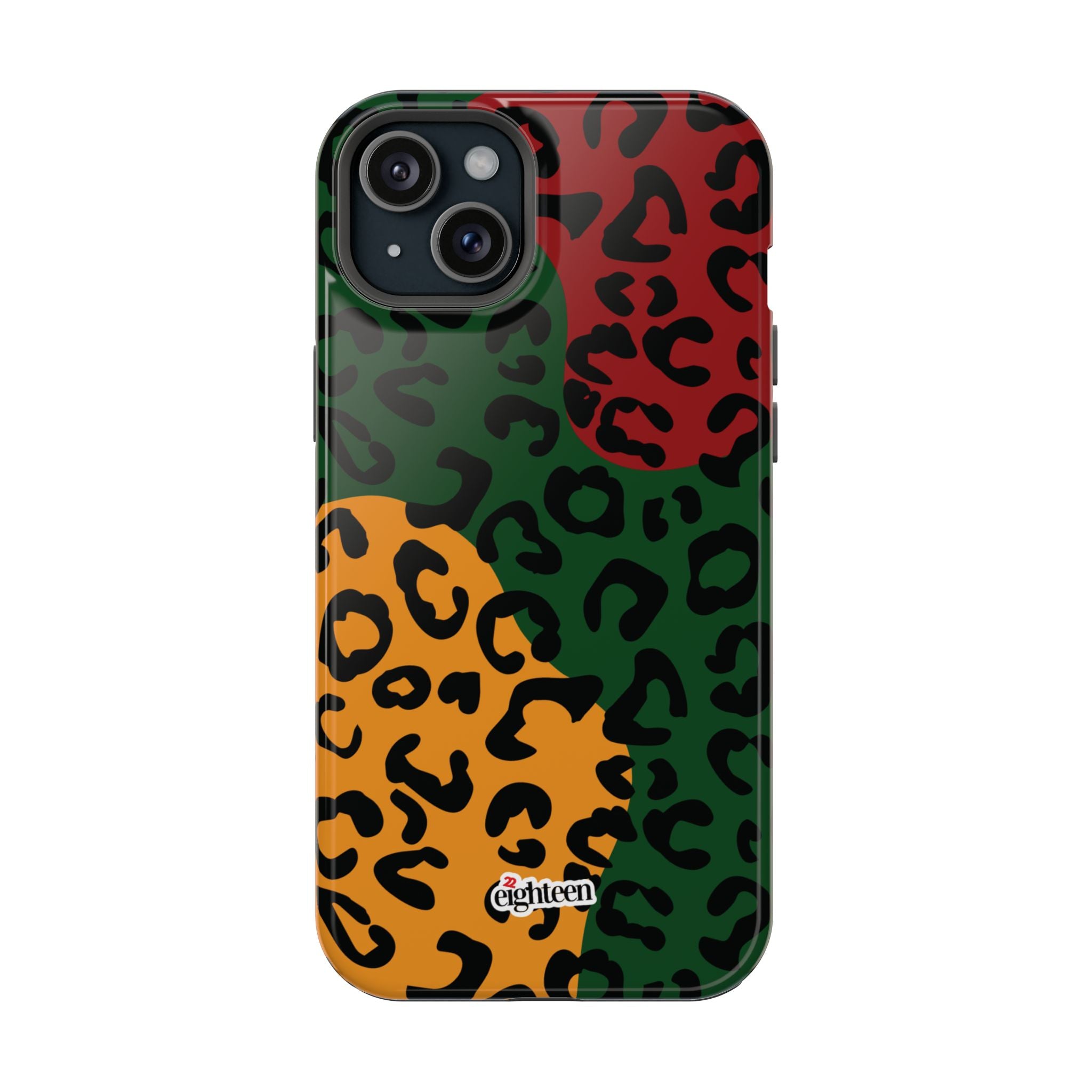 Phone case with multicolored leopard print design on a white background
