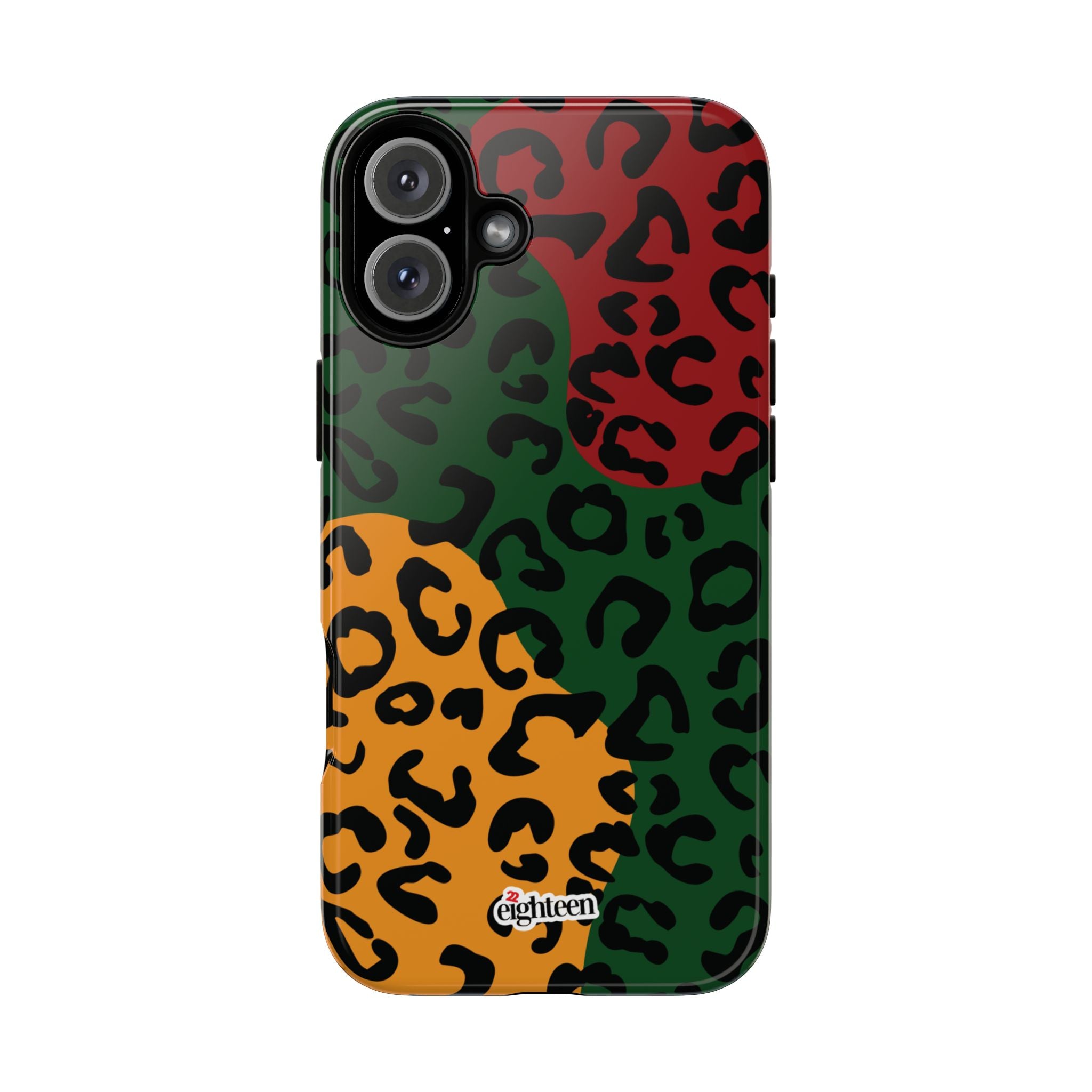 Phone case with multicolored leopard print pattern on a white background
