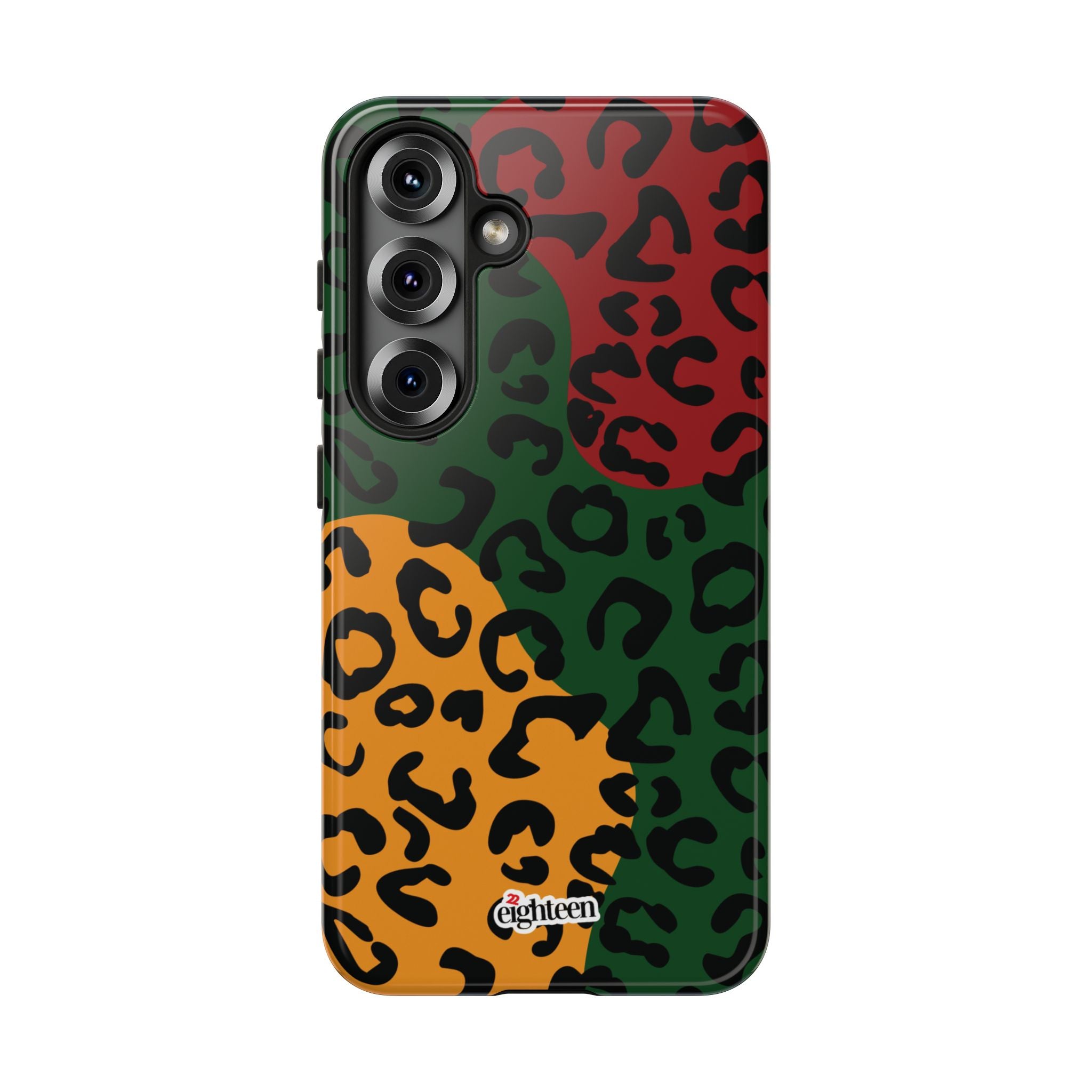 Phone case with a colorful leopard print pattern on a white background