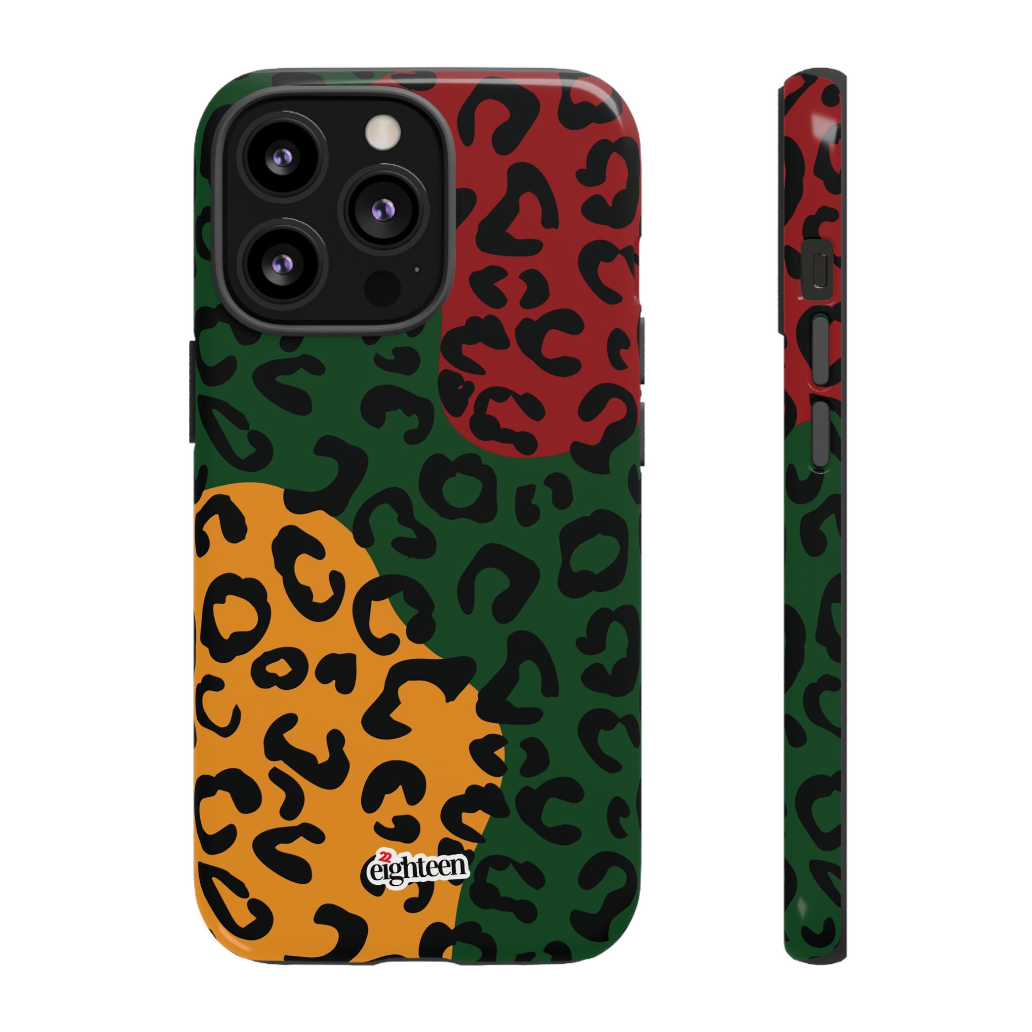 Phone case with multicolored leopard print pattern on a white background