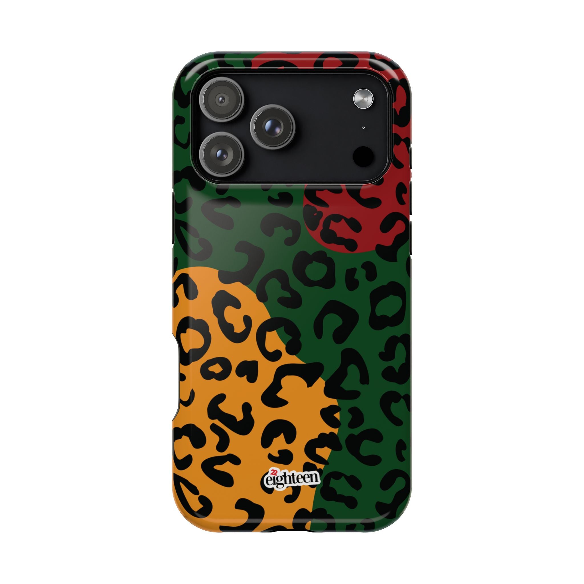 Phone case with multicolored leopard print design on a white background