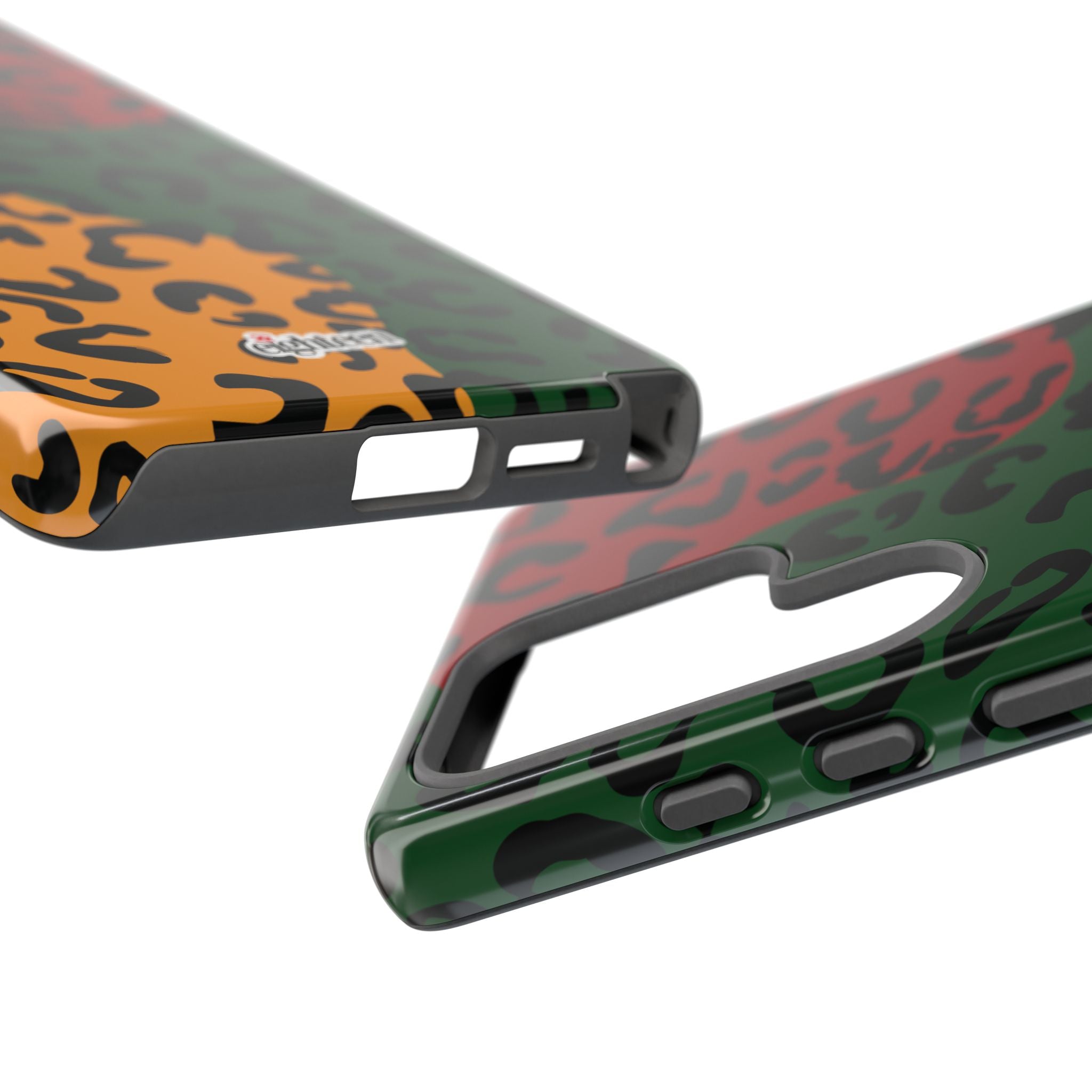 Two phone case angles showcasing the green, yellow & red leopard print design, and phone case cutouts on a white background