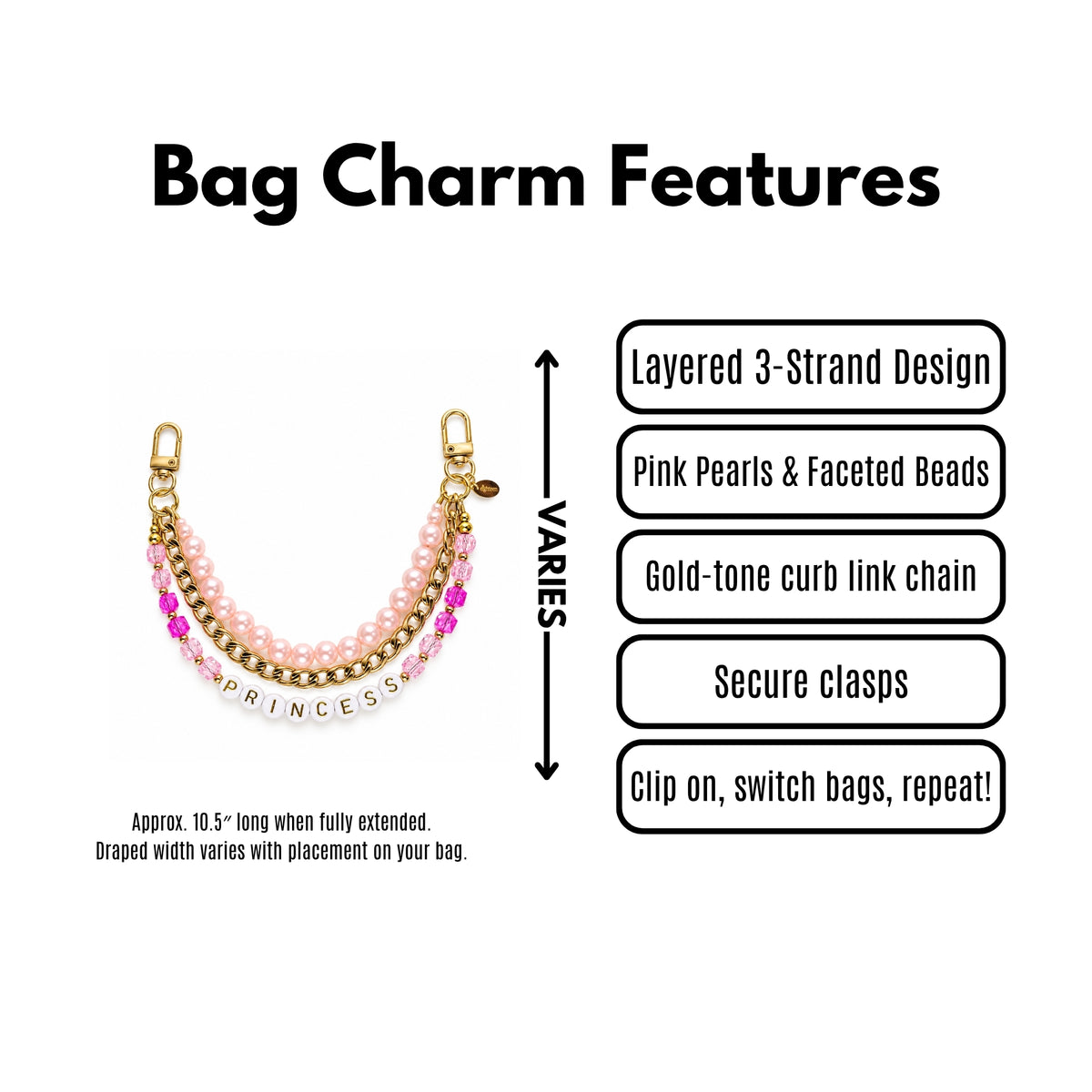 A product feature graphic for a bag charm jewelry. The image shows a gold-tone and pink beaded curved charm on the left, with text on the right listing features: layered 3-strand design, pink pearls and faceted beads, gold-tone curb link chain, secure clasps, and clip-on switch bag repeat.
