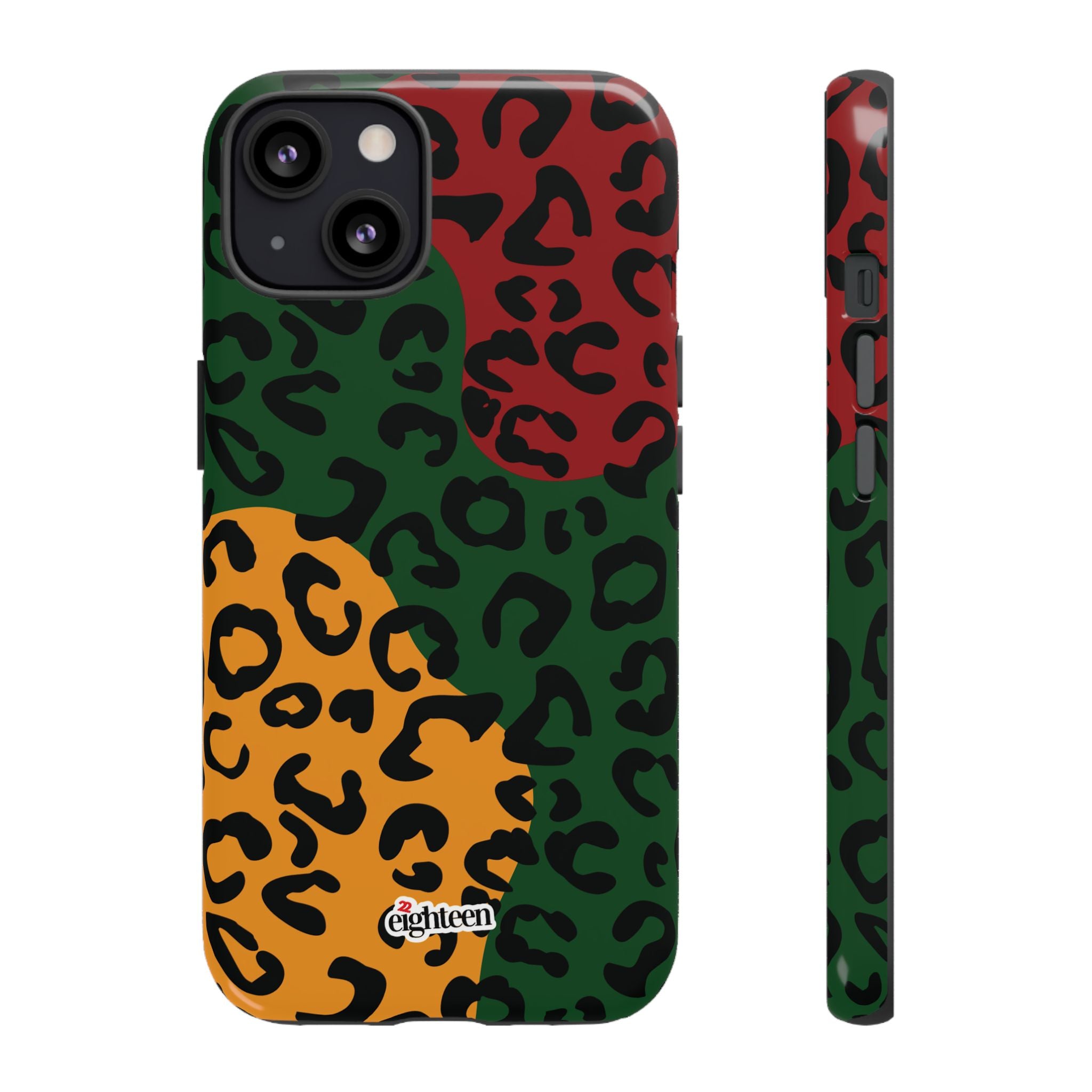 Phone case with multicolored leopard print pattern on a white background