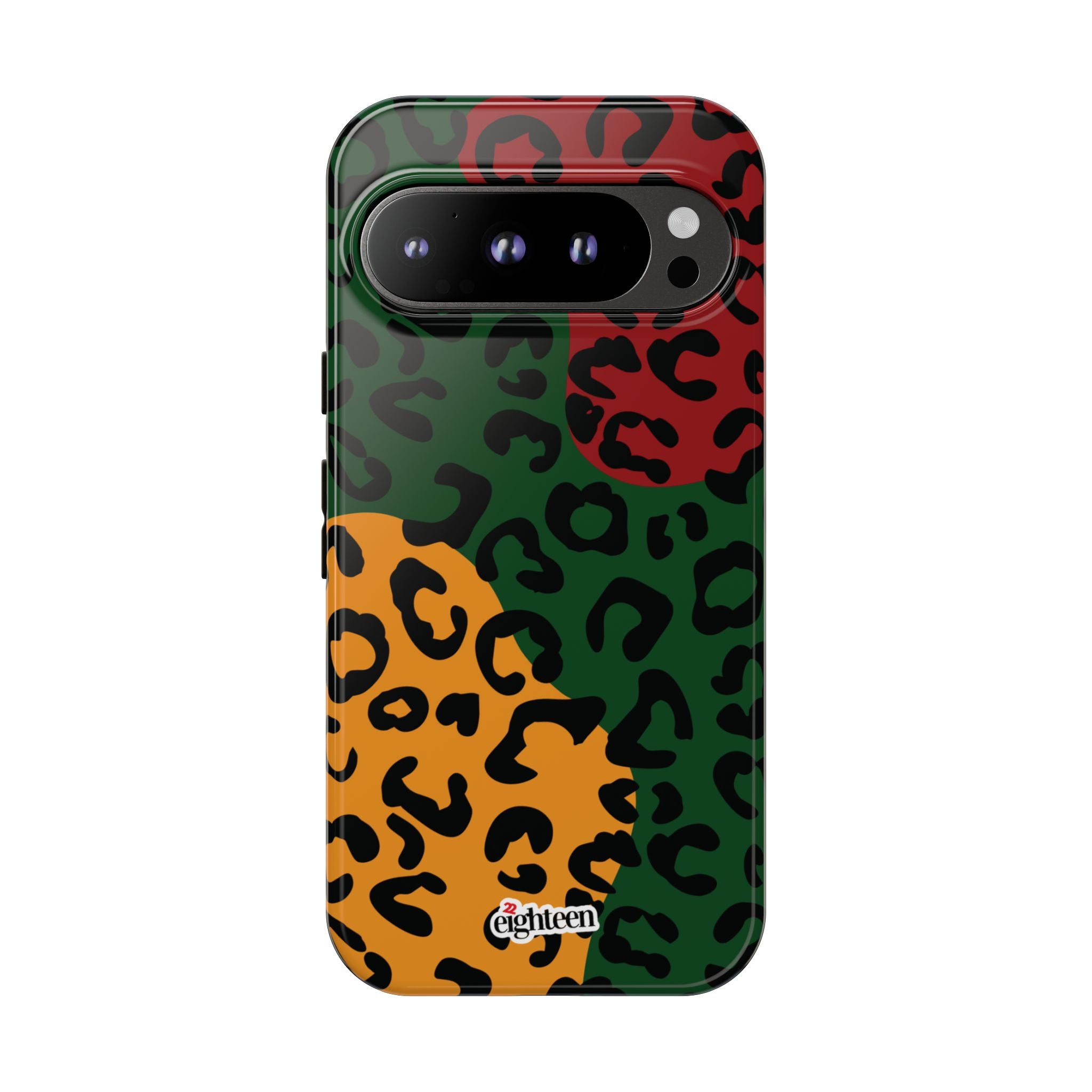 Phone case with multicolored leopard print pattern on a white background