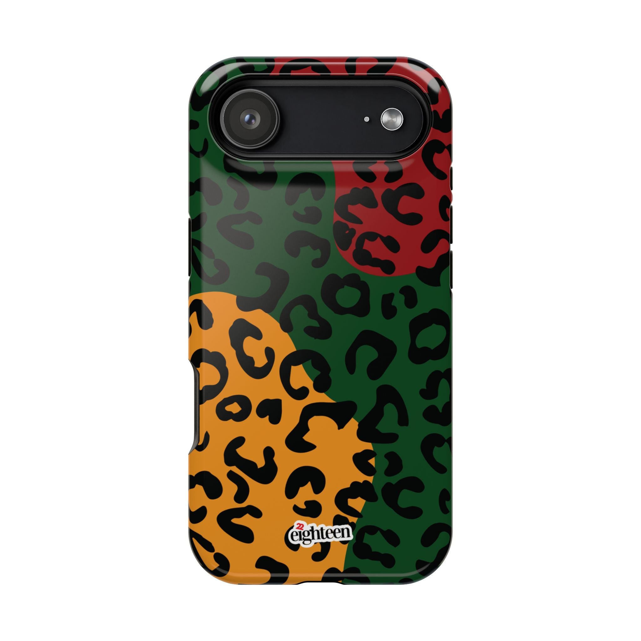 Phone case with multicolored leopard print pattern on a white background