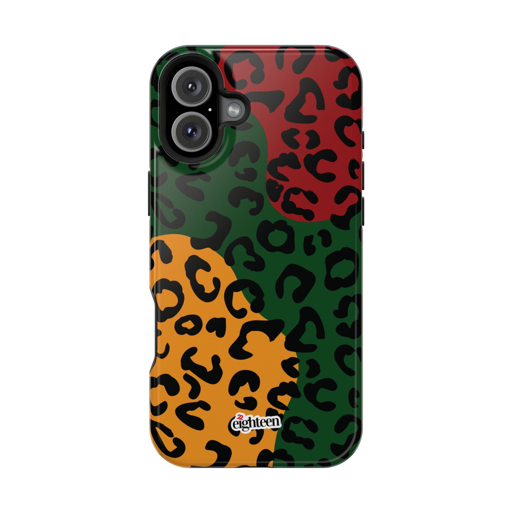 Phone case with a colorful leopard print pattern on a white background