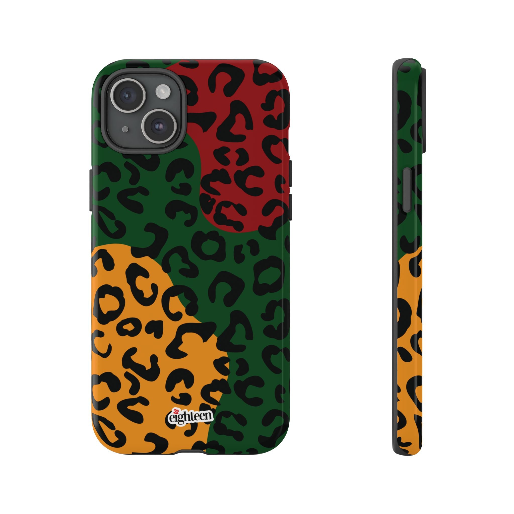 Phone case with multicolored leopard print pattern on a white background