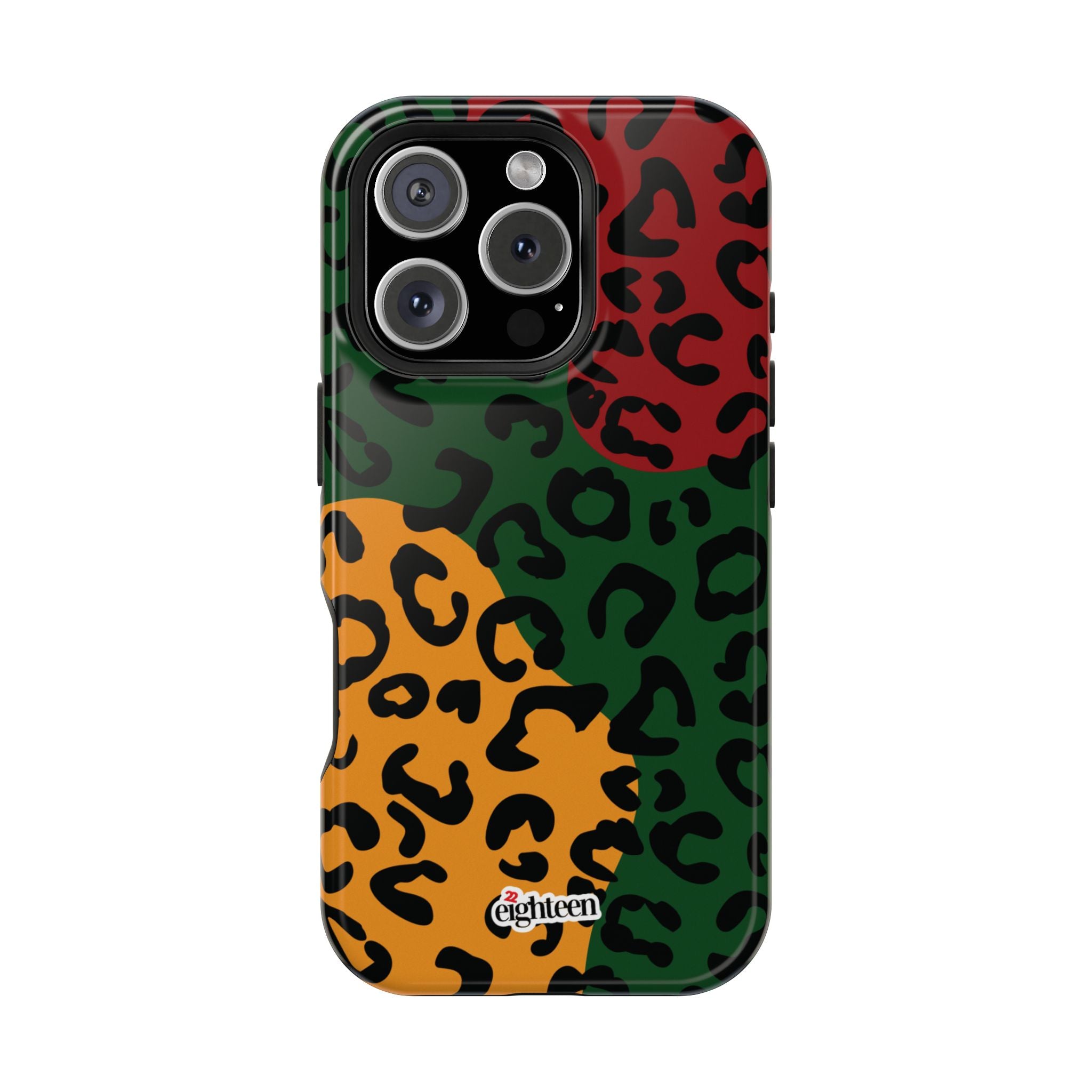 Phone case with multicolored leopard print pattern on a white background