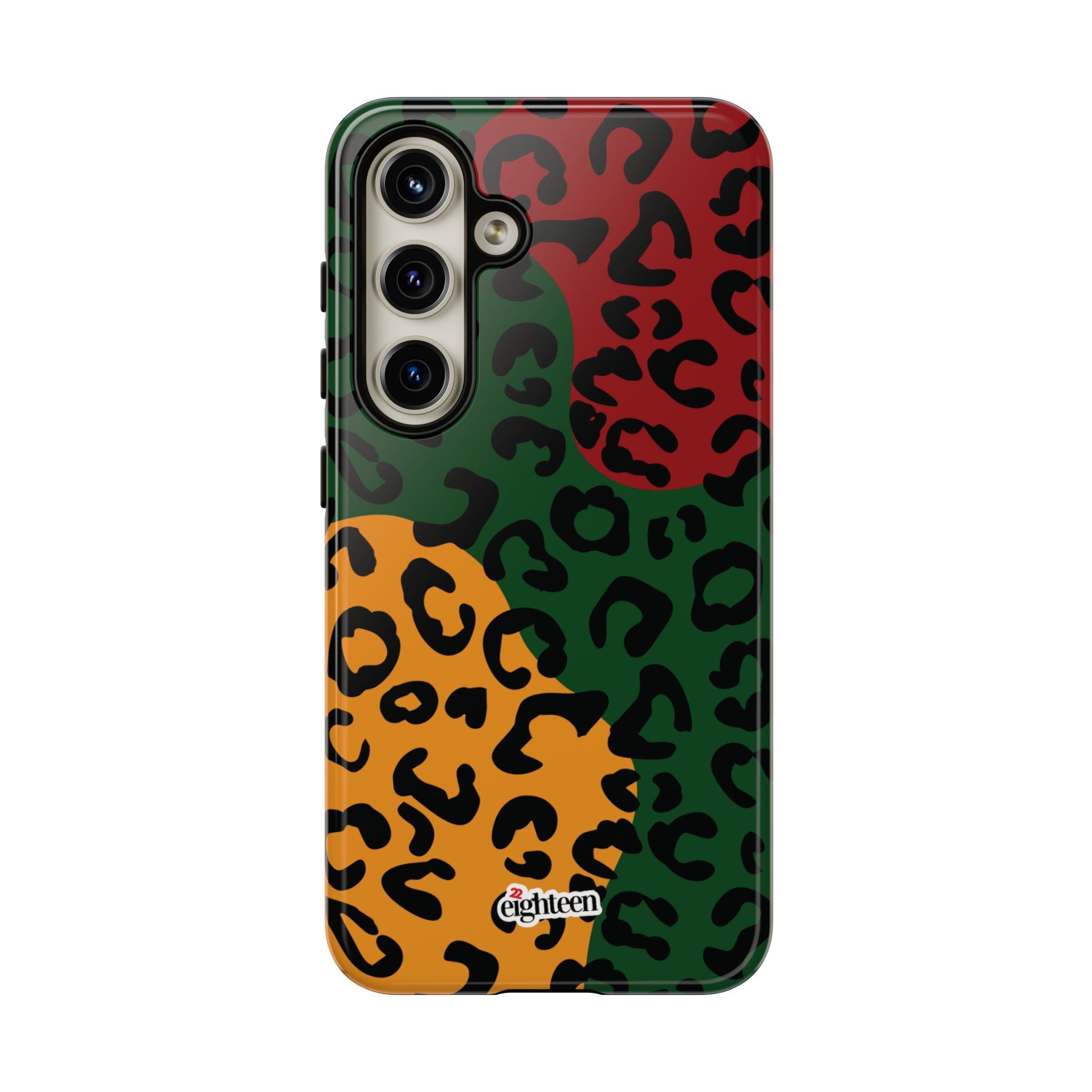 Phone case with multicolored leopard print pattern on a white background