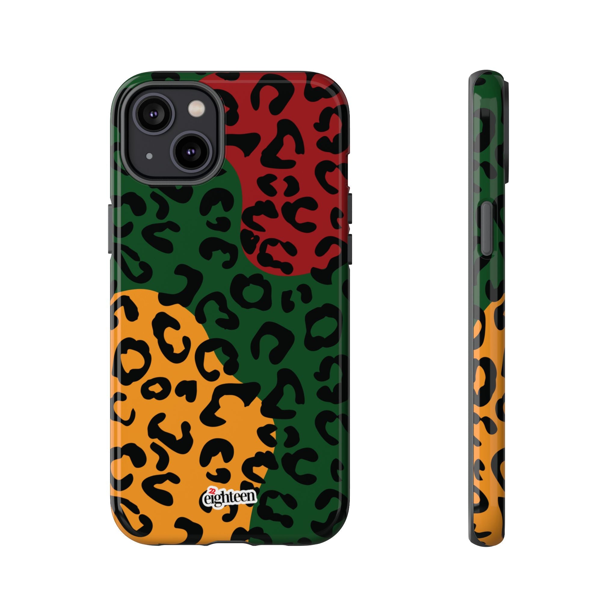 Phone case with multicolored leopard print design on a white background