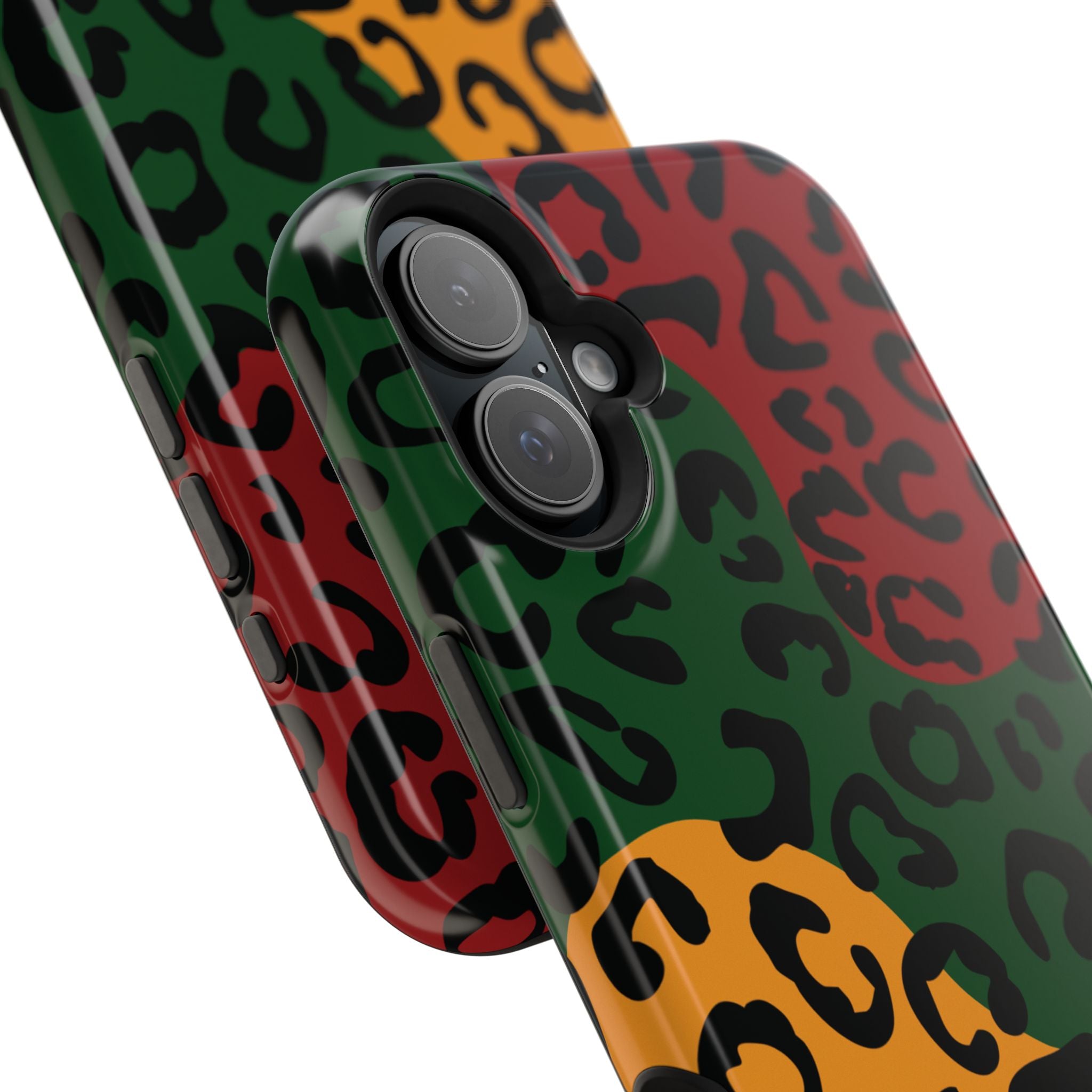 Both side views of the green, red & yellow leopard print phone case, showing the details of the buttons and camera lens cut out