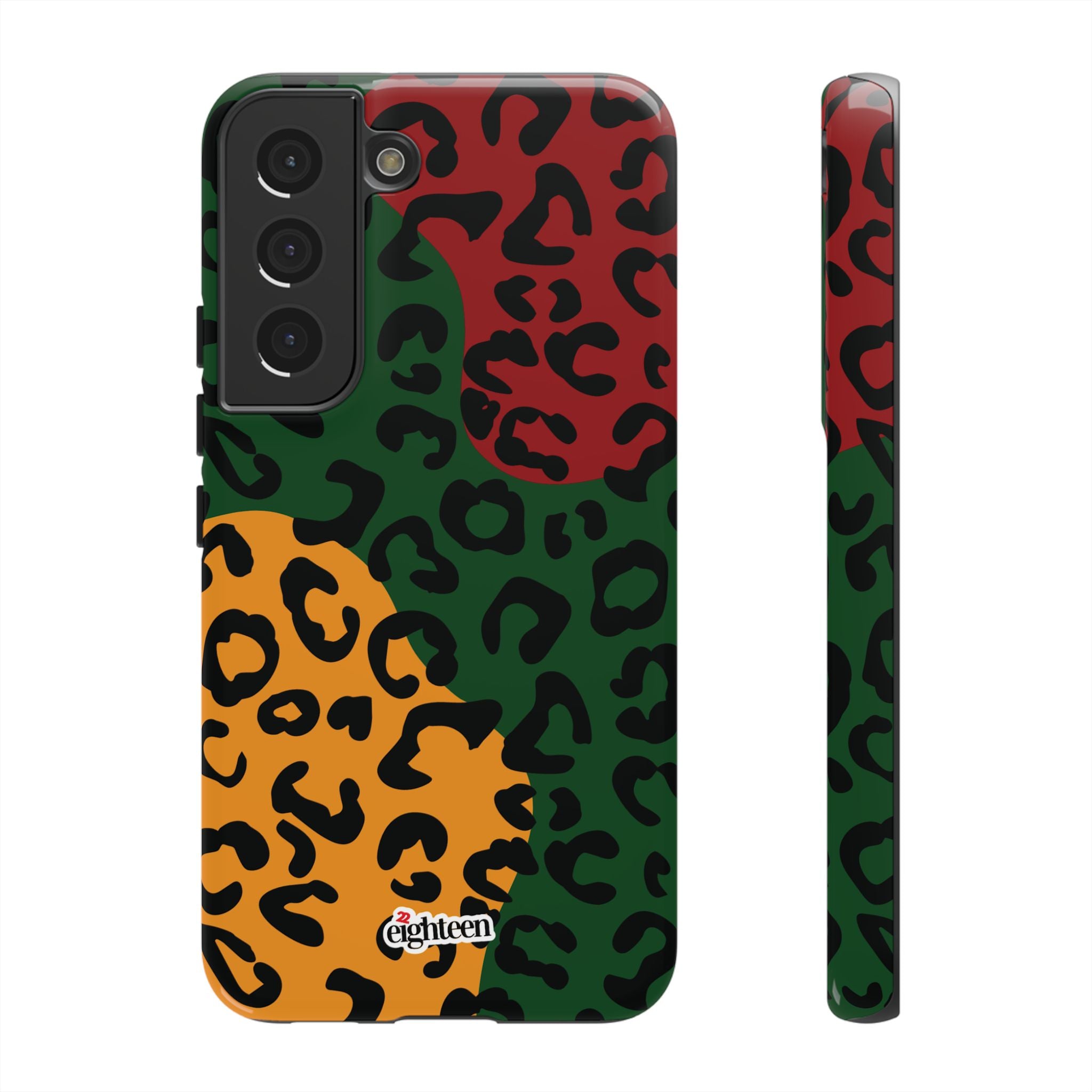 Phone case with multicolored leopard print design on a white background