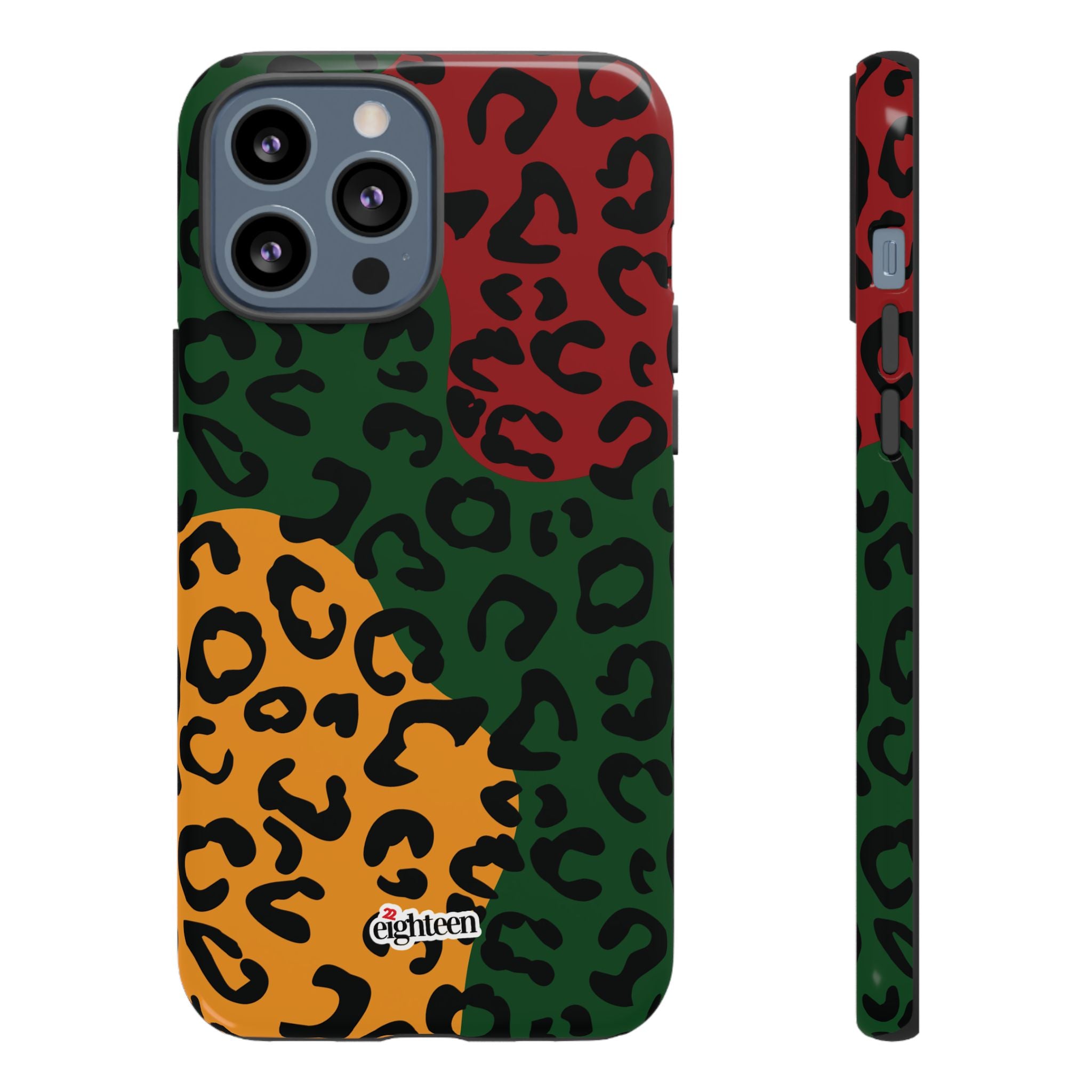 Phone case with multicolored leopard print pattern on a white background