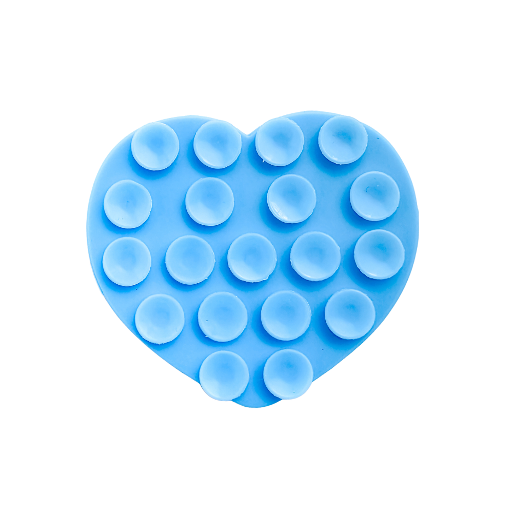 An aqua blue heart-shaped silicone phone suction grip with raised circular cups, shown on a plain white background.