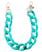 An aqua blue marbled chain accessory with gold-tone lobster clasps, displayed on a clean white background.