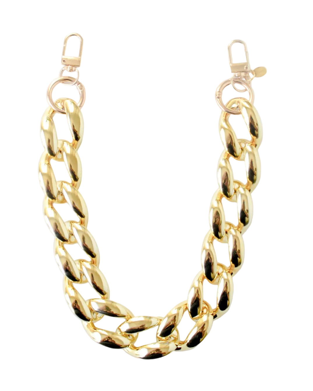 A gold-toned Cuban link chain accessory with lobster clasp ends, photographed on a clean white background.