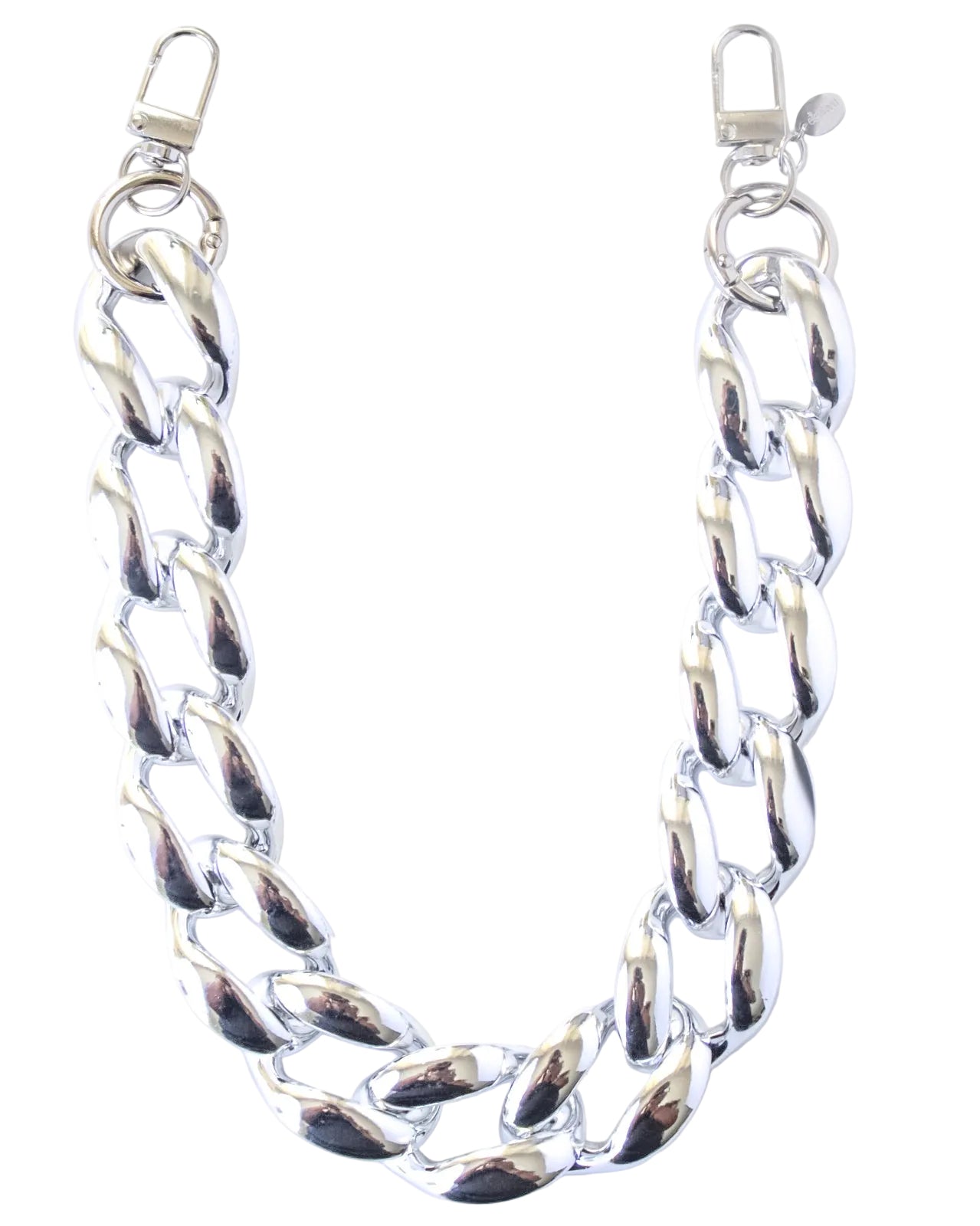 A silver-tone Cuban link chain with lobster clasp ends, displayed on a clean white background.