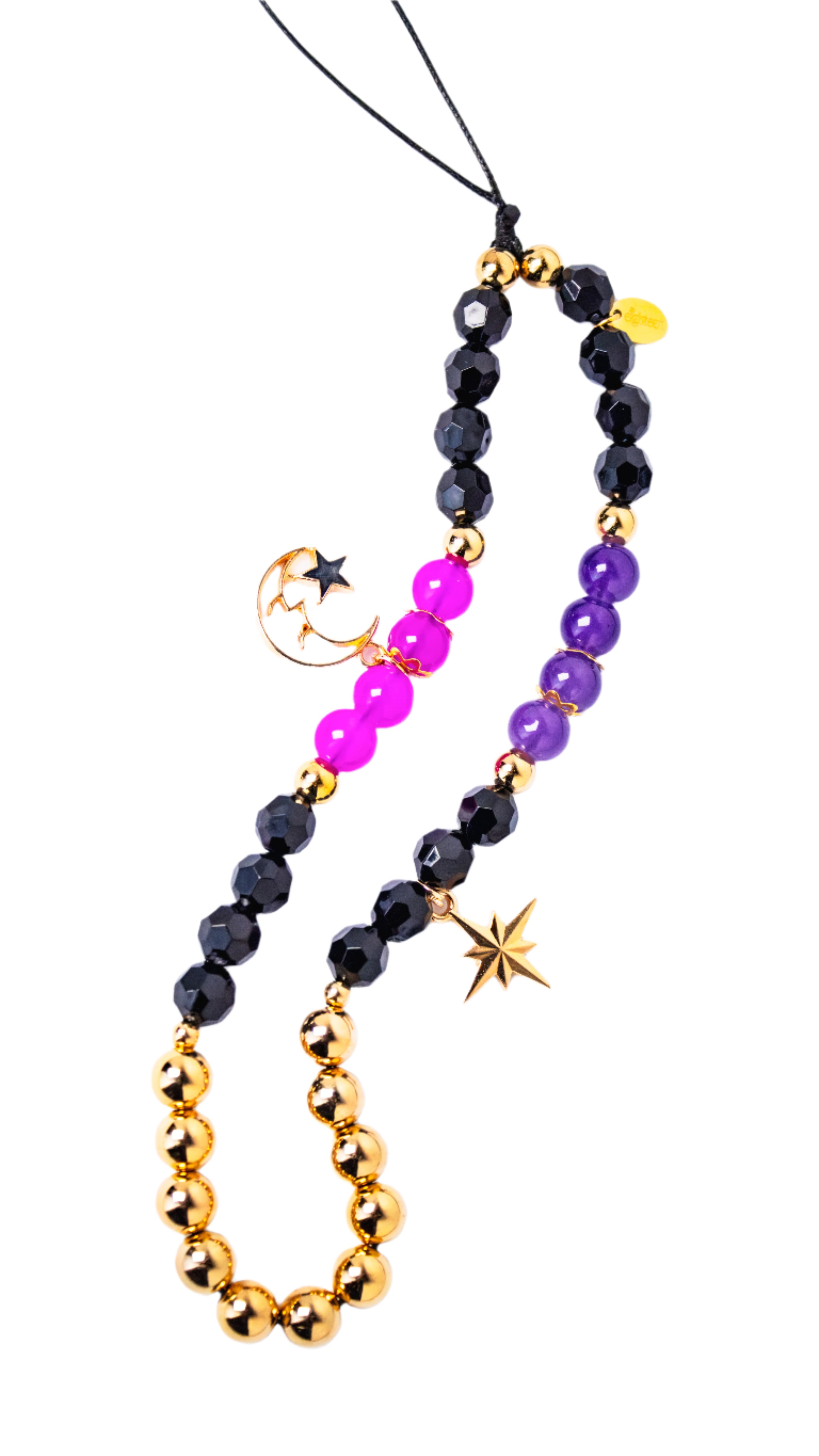 Necklace with black, purple, and gold beads on a white background