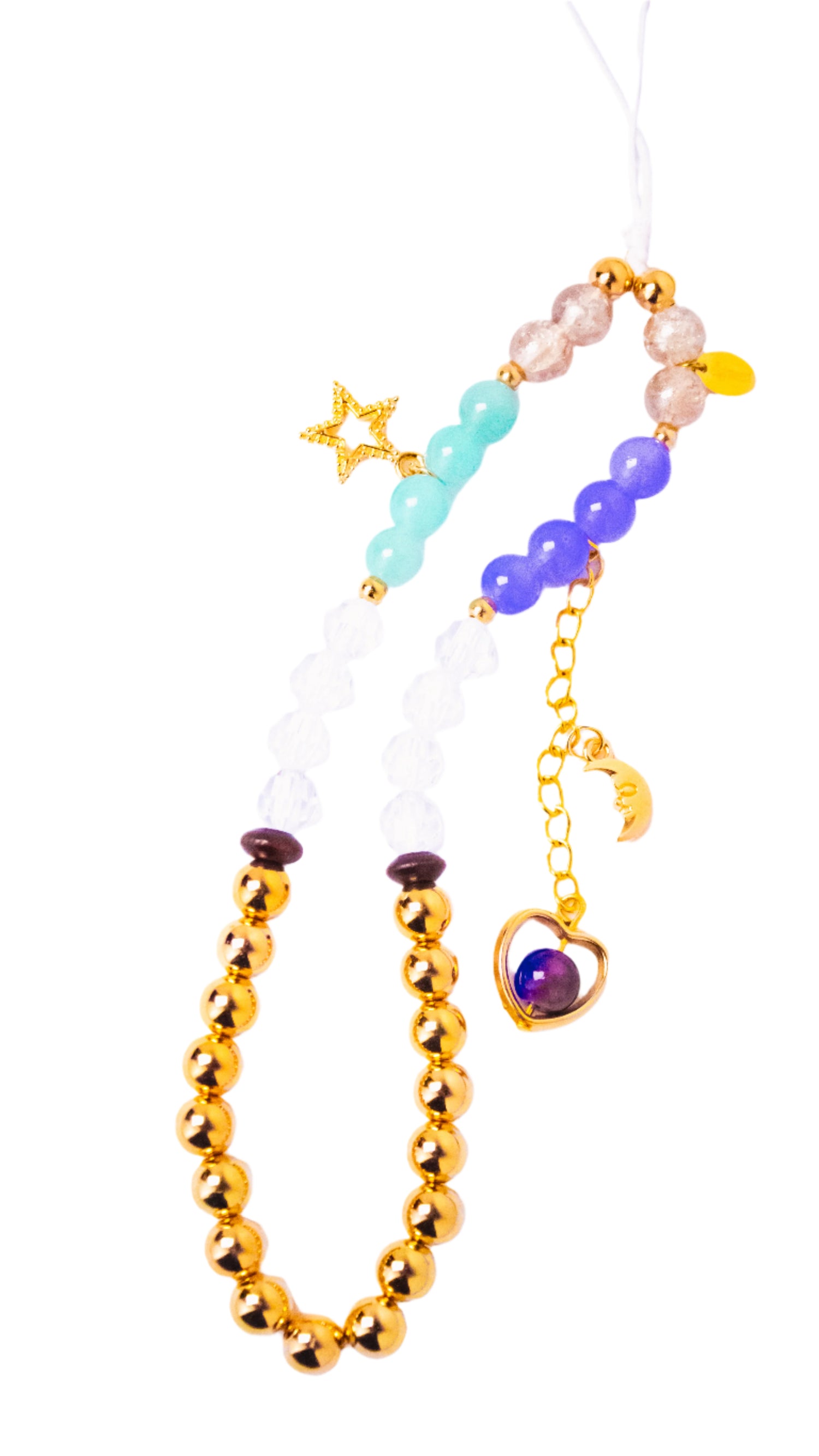 Gold, Clear, Amethyst, Aqua & Champagne beads with gold charms on a white background